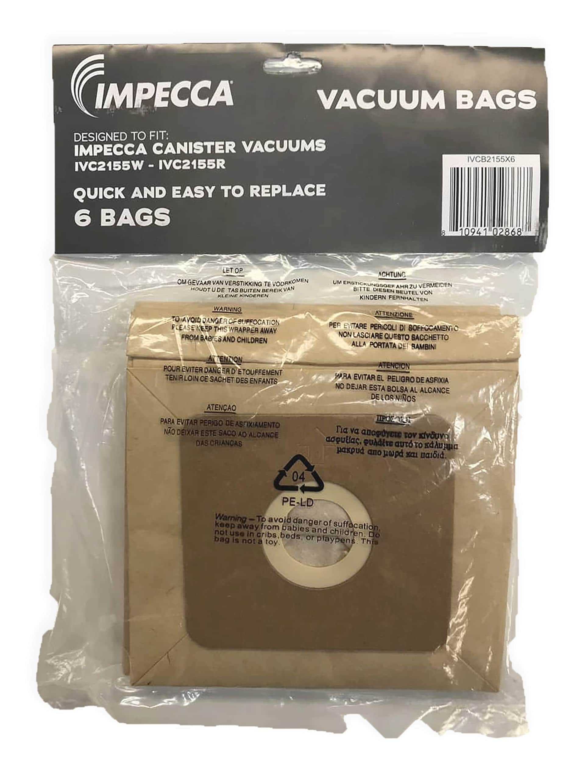 Impecca 6 -Pack 2-Liter Disposable Paper Vacuum Bag #W-IVCB2155X6-697