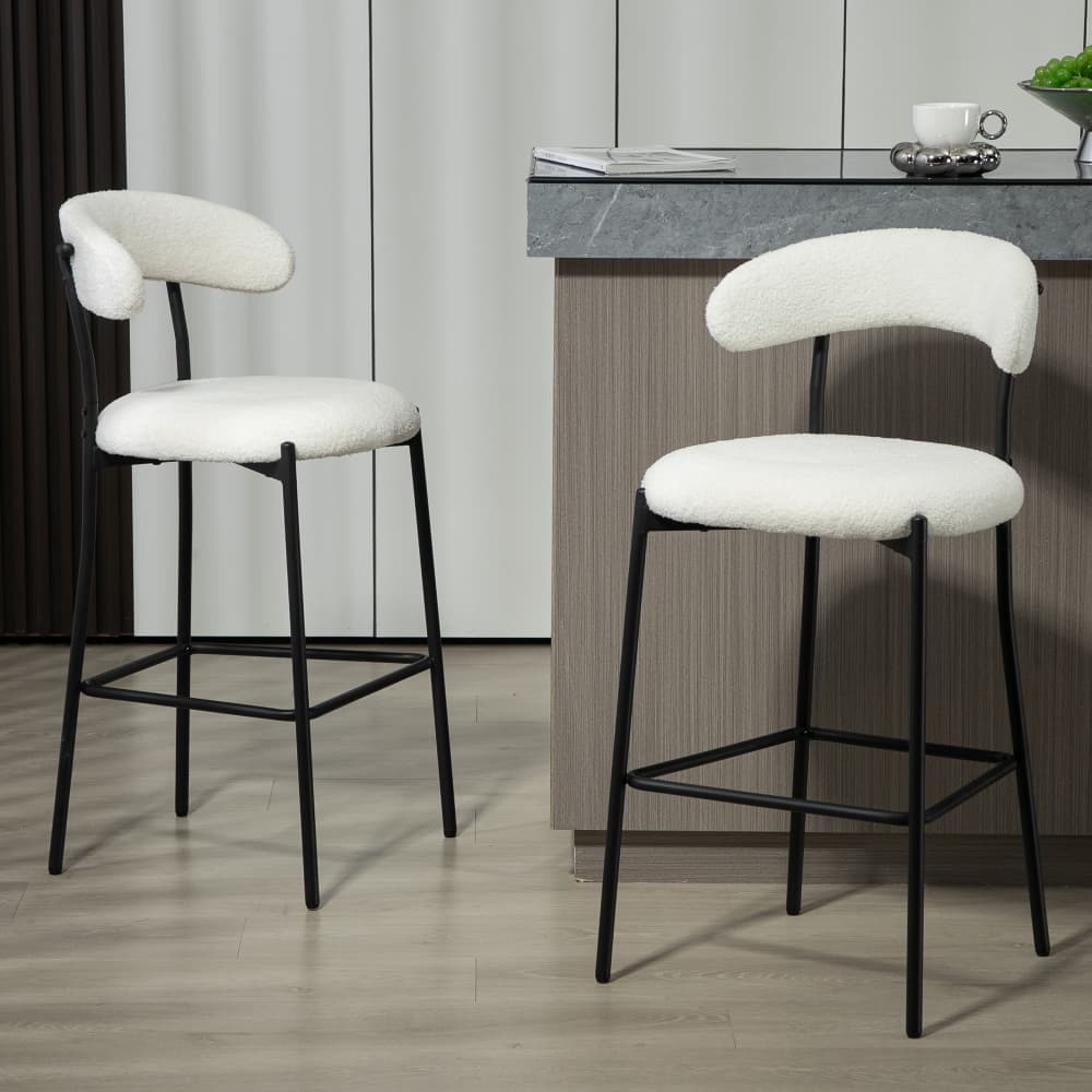 Maison Boucle KAIA-CBO-BEIGE Set of 2 25.19 Inch Beige Counter Height Bar Stools with Teddy Fabric Black Metal Legs for Kitchen