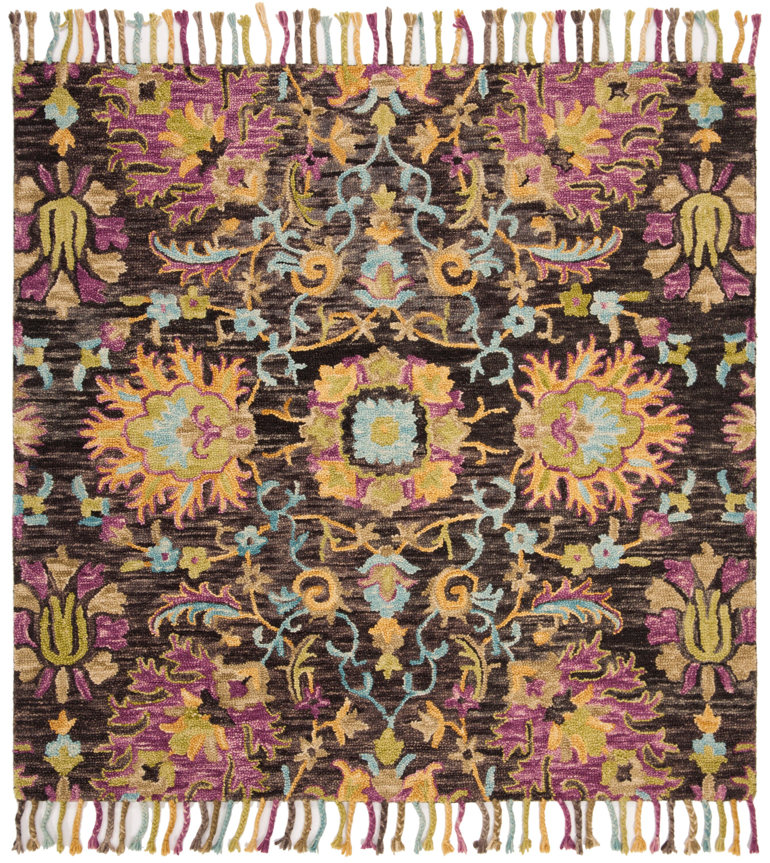 Handmade Charcoal & Multicolor Floral Wool 6' Square Rug