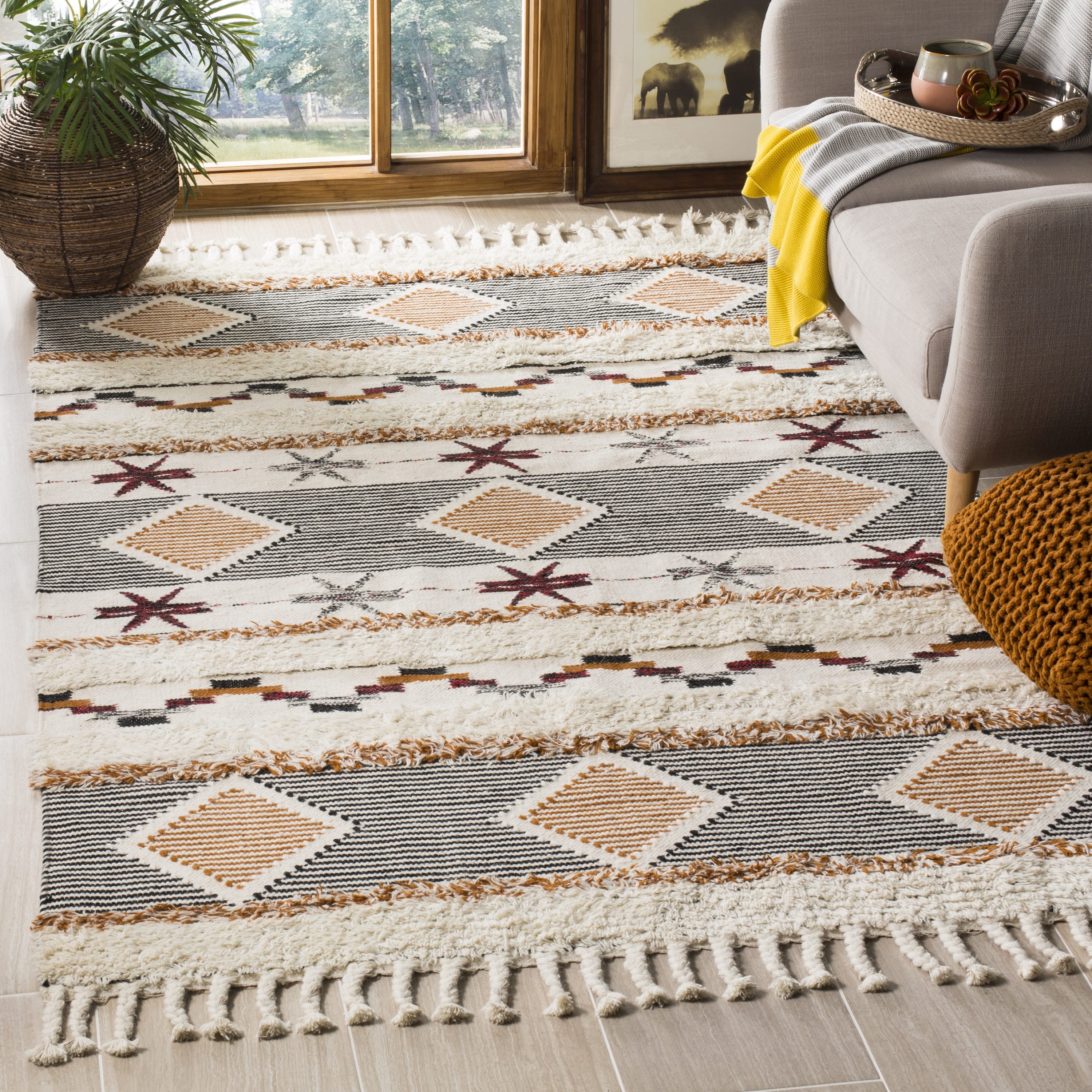 Hand-Knotted Geometric Black Wool Area Rug, 6' x 9'
