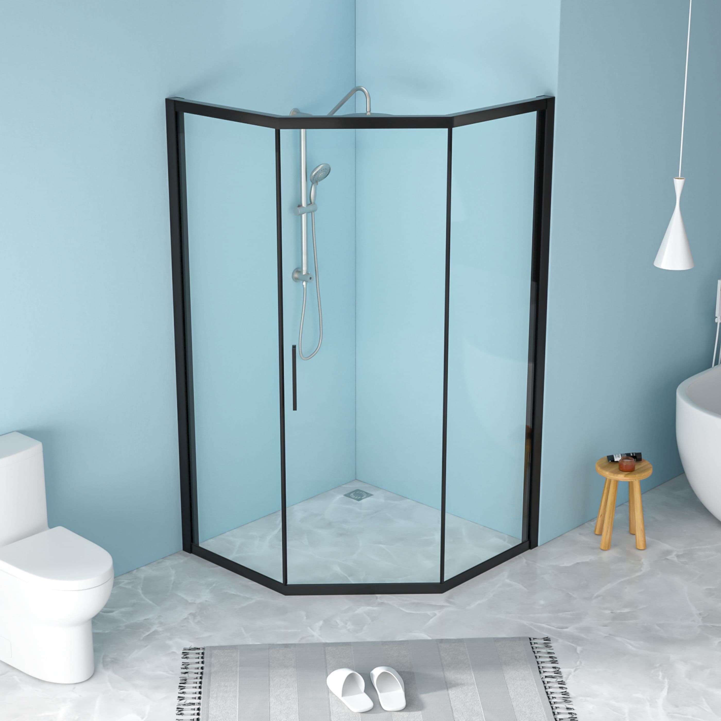 WELLFOR QPZ-TM26795 Matte Black 42-in W x 76-in H Framed Clear Glass Corner Neo Angle Sliding Soft Close Shower door