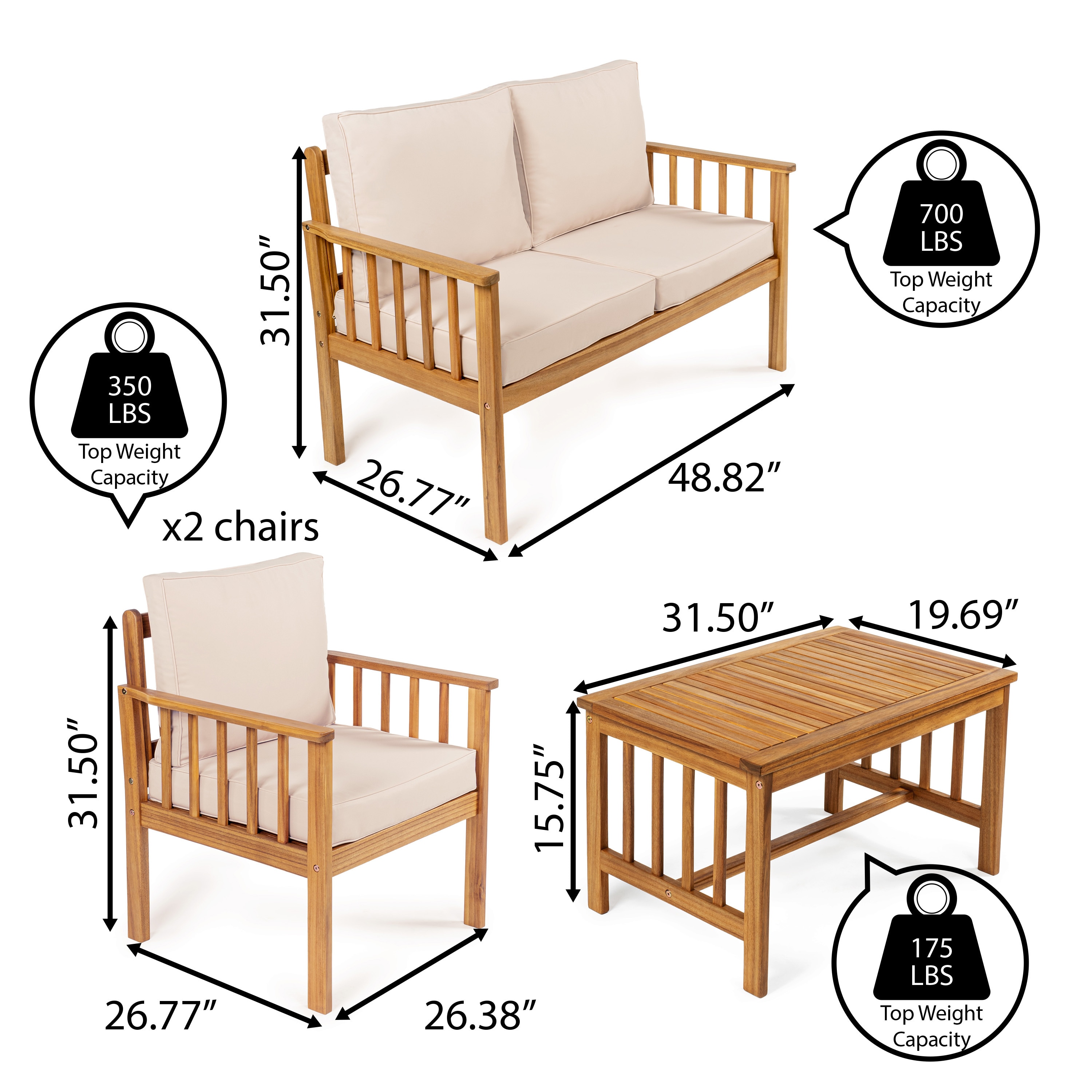 Everly 4-Piece Beige Acacia Wood Outdoor Patio Set