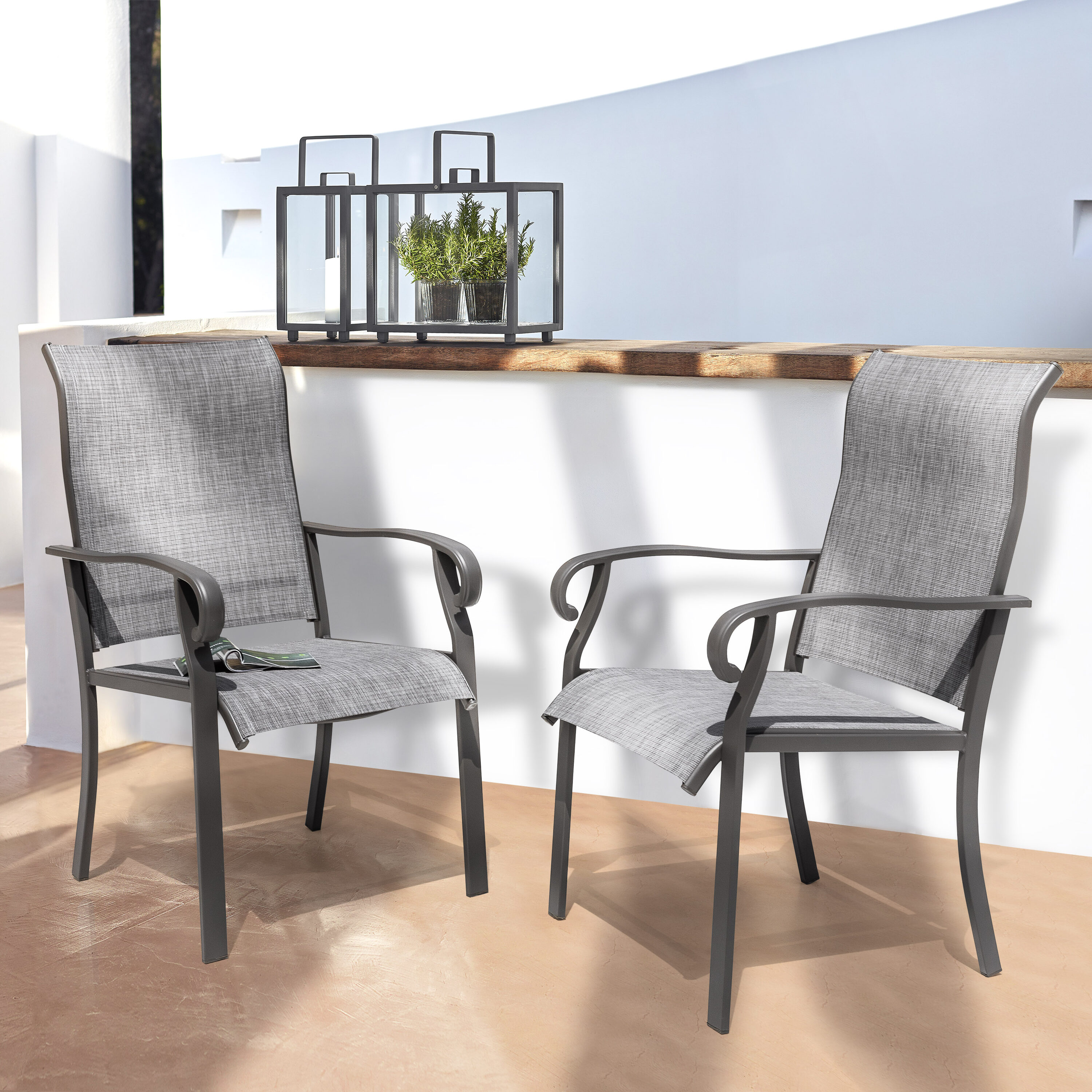 Light Gray Textilene and Iron Outdoor Dining Chairs, Set of 2