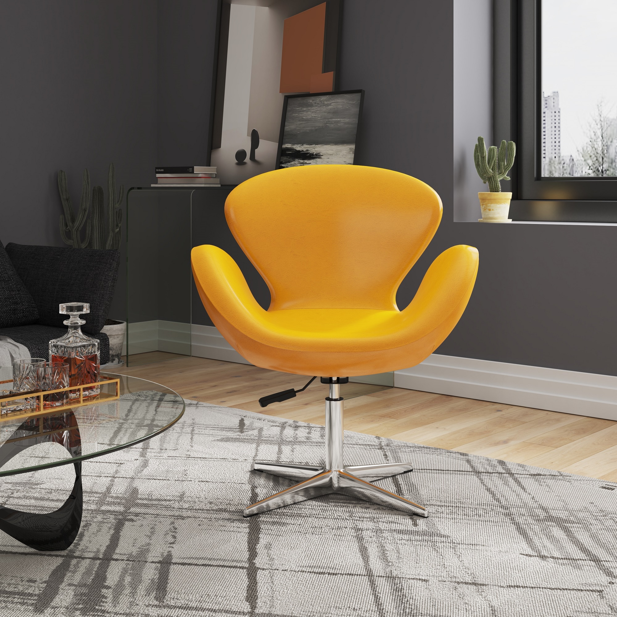 Manhattan Comfort 2-AC038-YL 2 Modern Yellow and Polished Chrome Faux leather Swivel Accent Chair