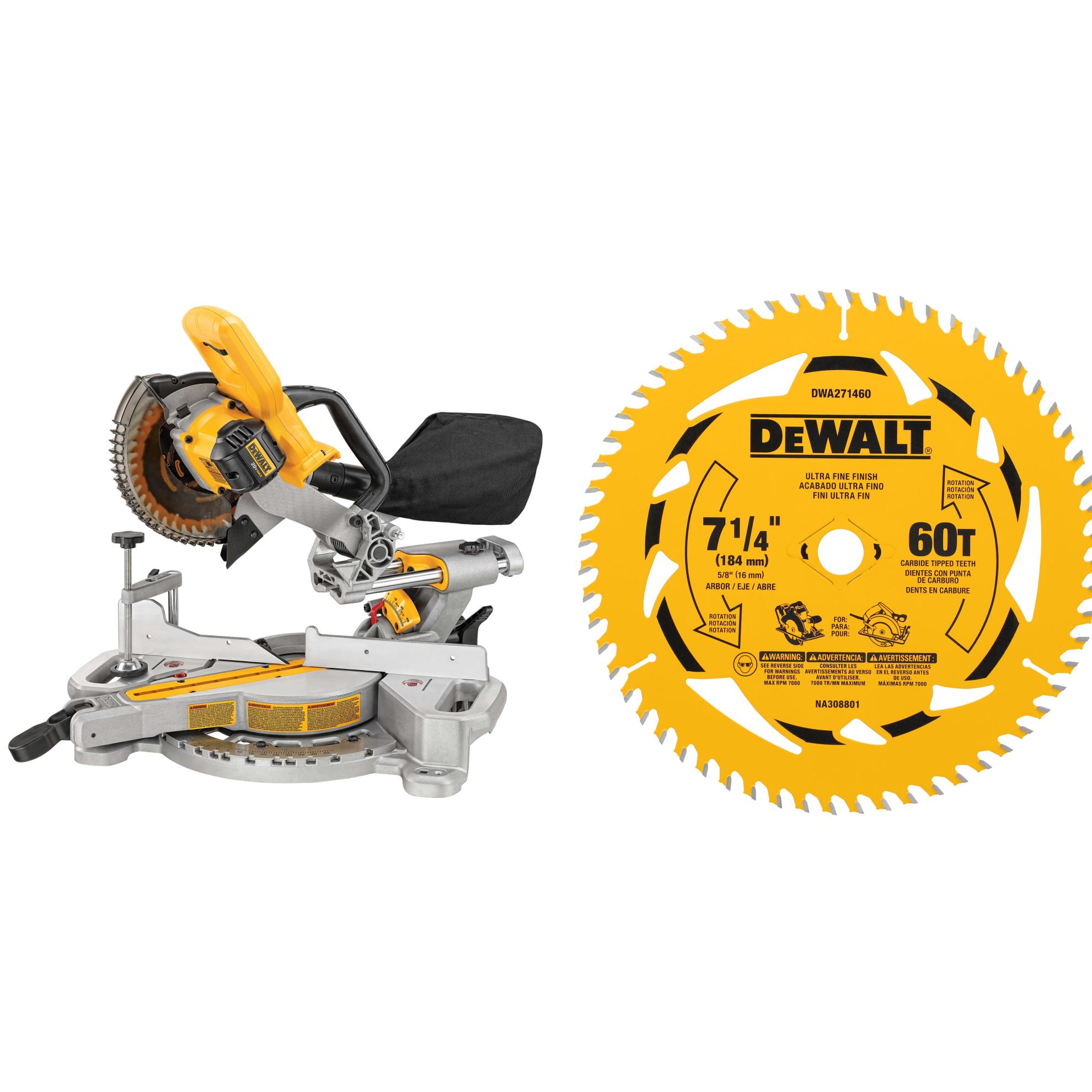DEWALT 20V MAX 7-1/4-in Cordless Sliding Compound Miter Saw with 60-Tooth Fine Finish Blade