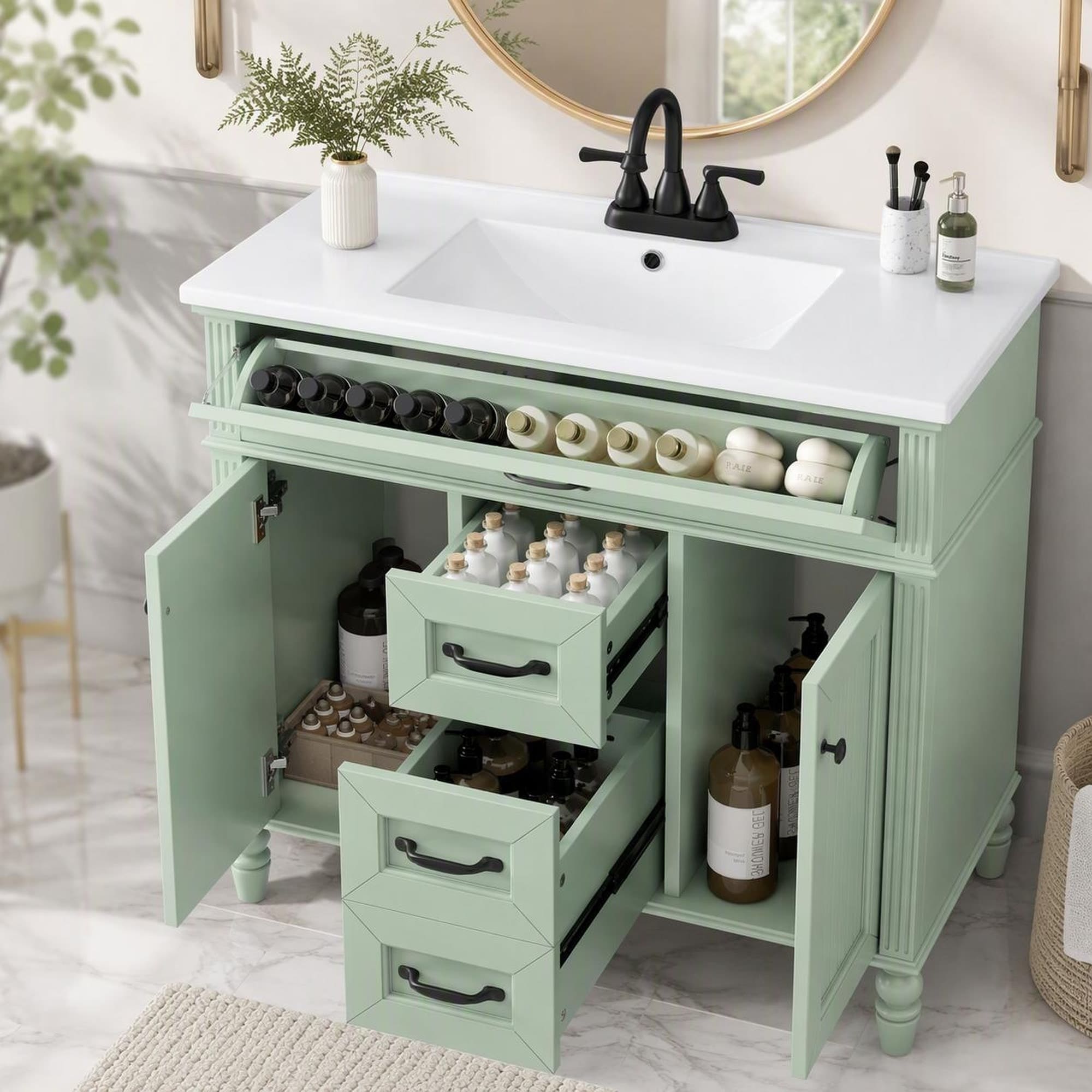 TEINIE 36 Inch Bathroom Vanity with Sink Combo Green Freestanding Cabinet with Ceramic Basin MDF and Solid Wood Frame Flip-Out Top Drawer Soft Close Doors 2 Storage Drawers Black Handles