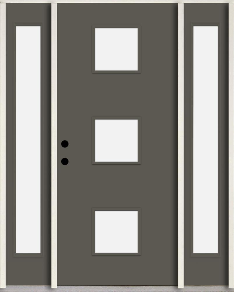 RELIABILT LO1066369 Spotlights 56-in x 80-in x 4-5/8-in Fiberglass 1/4 lite Right-hand inswing Thunder Gray Paint Painted Prehung Front Door with Sidelights Insulating core