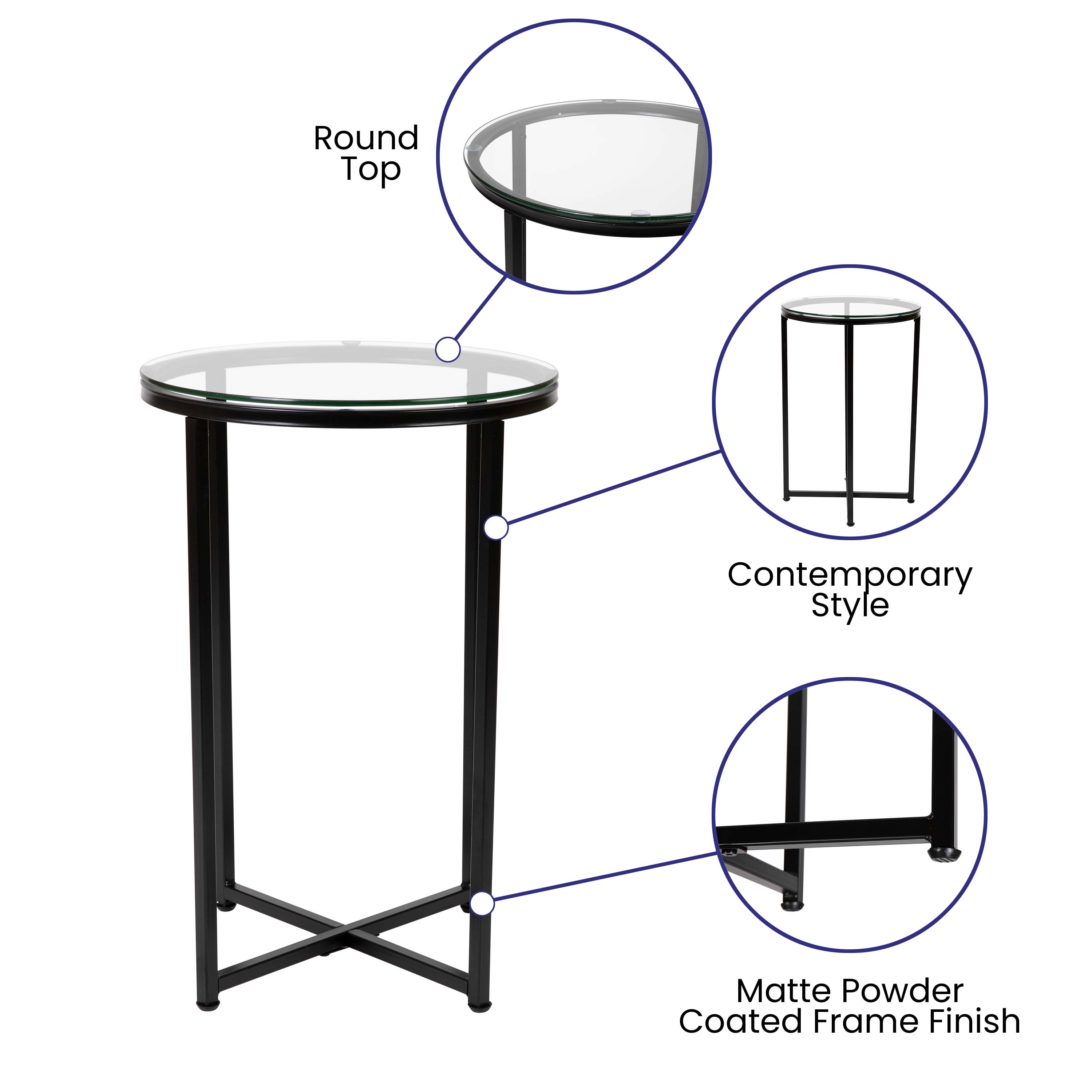 Round Clear Glass End Table with Matte Black Metal Frame