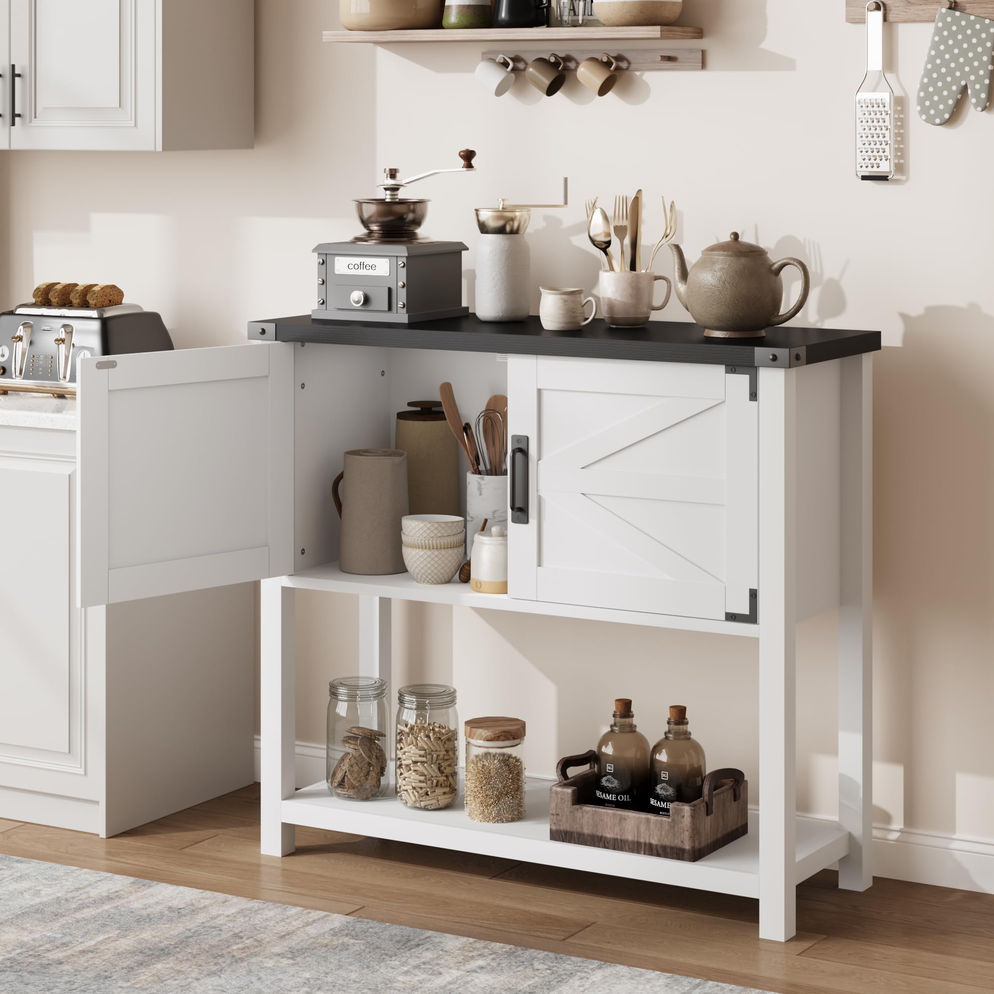 GarveeLife Farmhouse Entryway Table with 2 Doors and Open Shelf Coffee Bar Buffet Sideboard for Kitchen