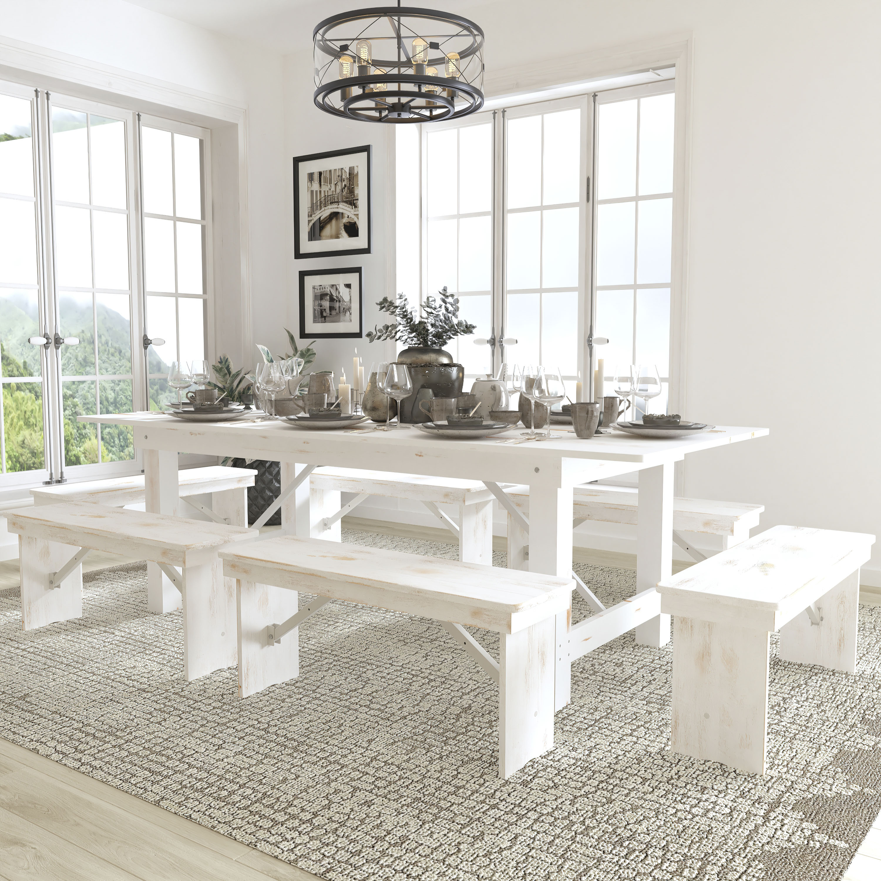 Flash Furniture 889142518914 Antique Rustic White Rustic Dining Room Set with Rectangular Table ( Seats 12 )