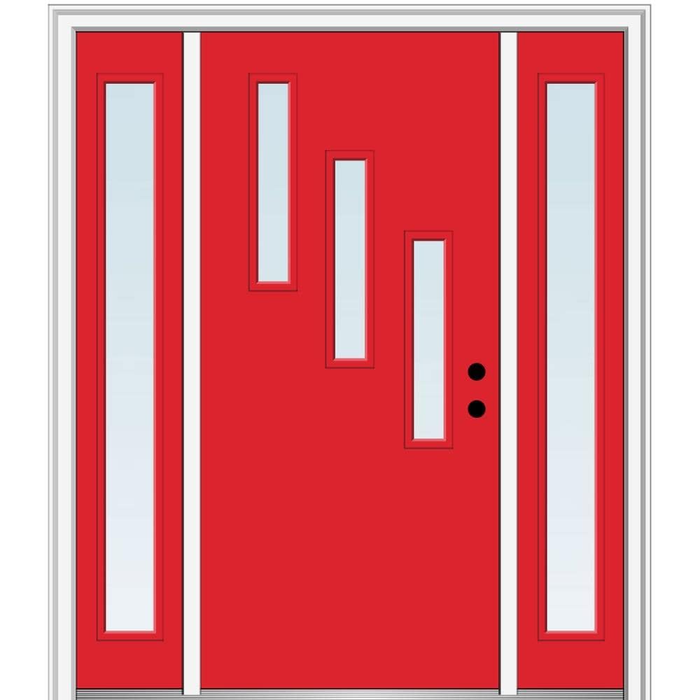 MMI DOOR ZZ346615L Spotlights 64-in x 80-in x 4-9/16-in Fiberglass Pulse lite Left-hand inswing Red Saffron Painted Prehung Front Door with Sidelights with Brickmould Insulating core