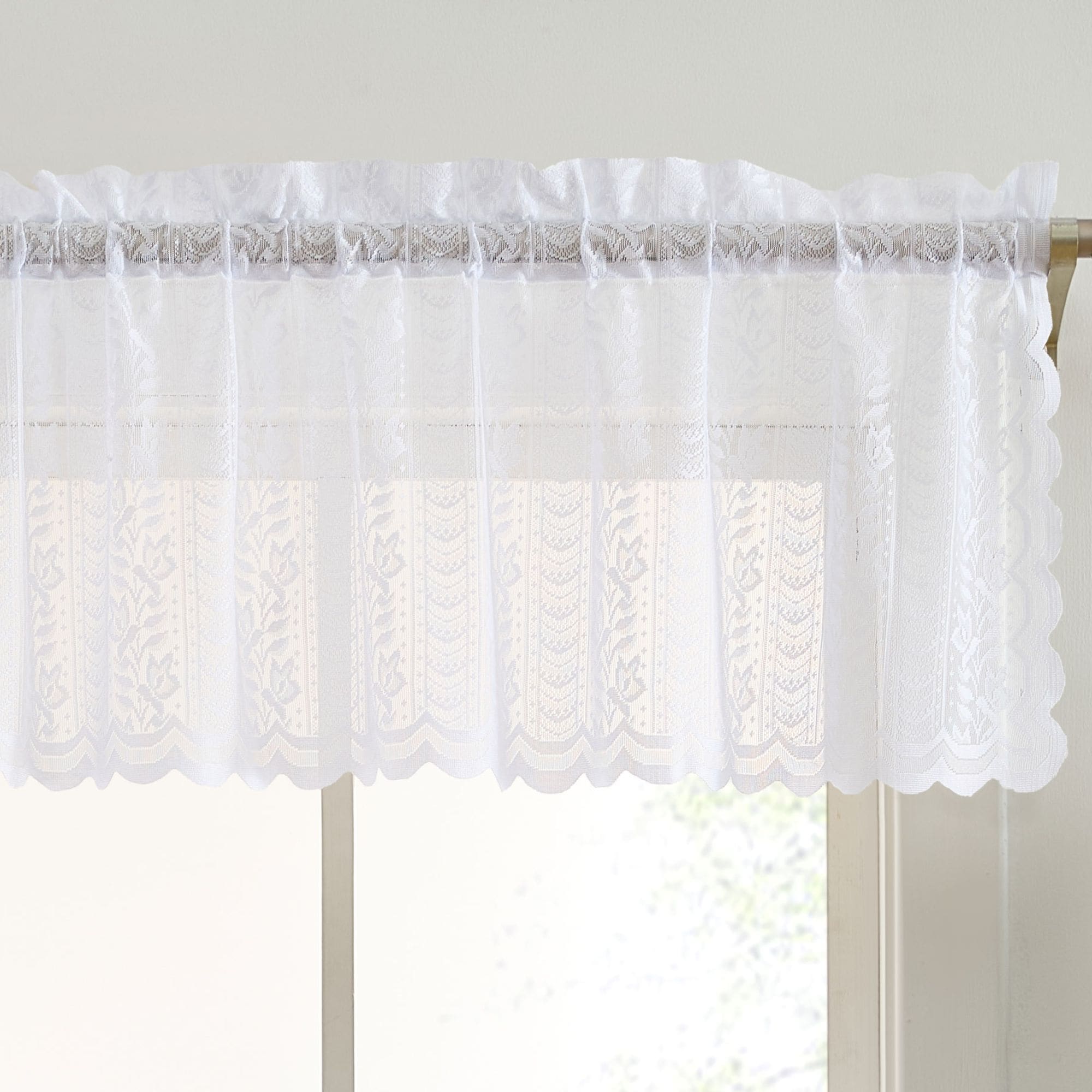 HLC.me SPHA-18-WHT Sophia Floral Rod Pocket Lace Semi Sheer Short Valance for Small Windows - Kitchen and Bathroom