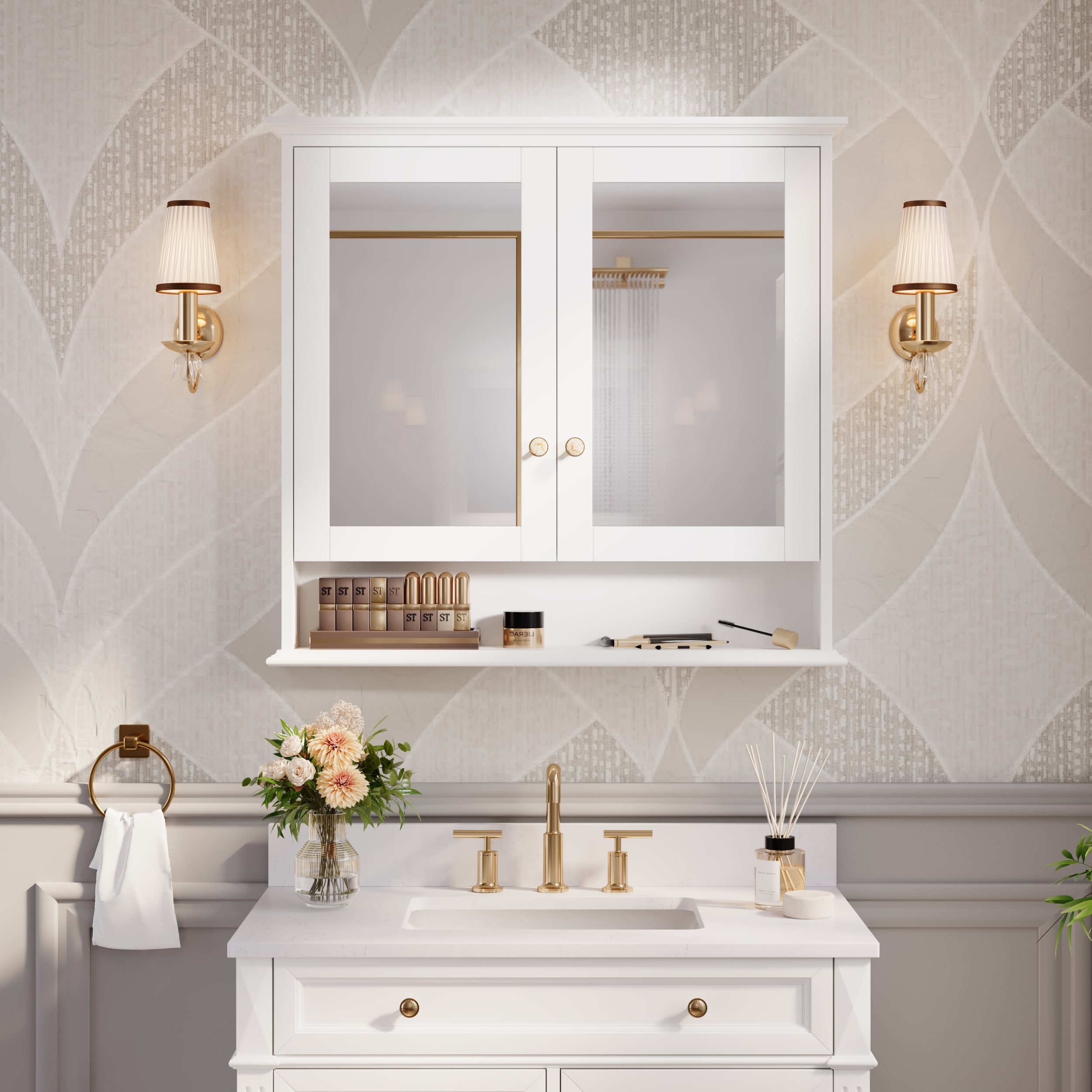 Ayelon Cabinet 36-in x 34-in Surface Mount White Mirrored Rectangle Soft Close Medicine Cabinet