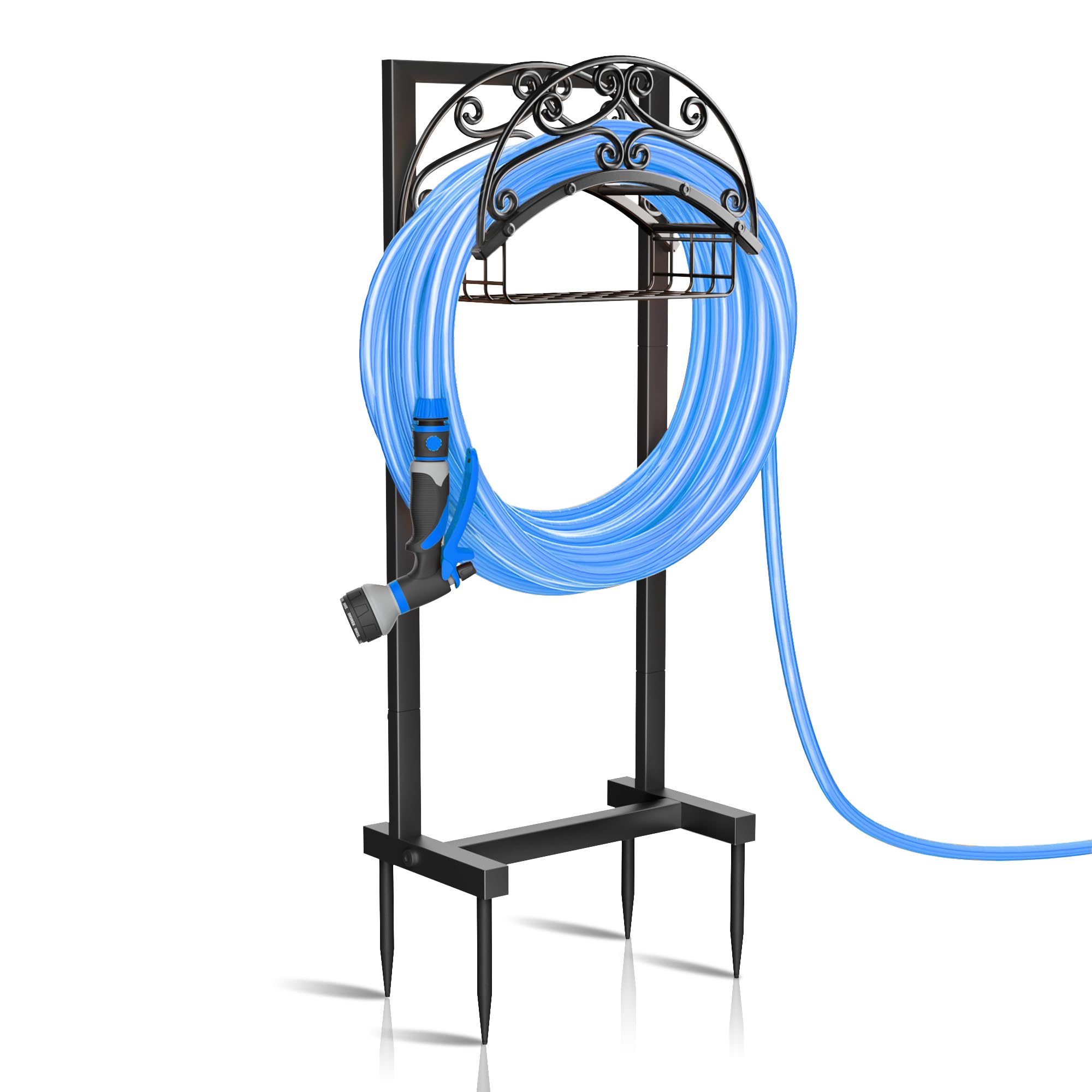 GAOLLY - KHKFY Freestanding Garden Hose Holder with Storage Basket Heavy Duty Iron Hose Stand for...