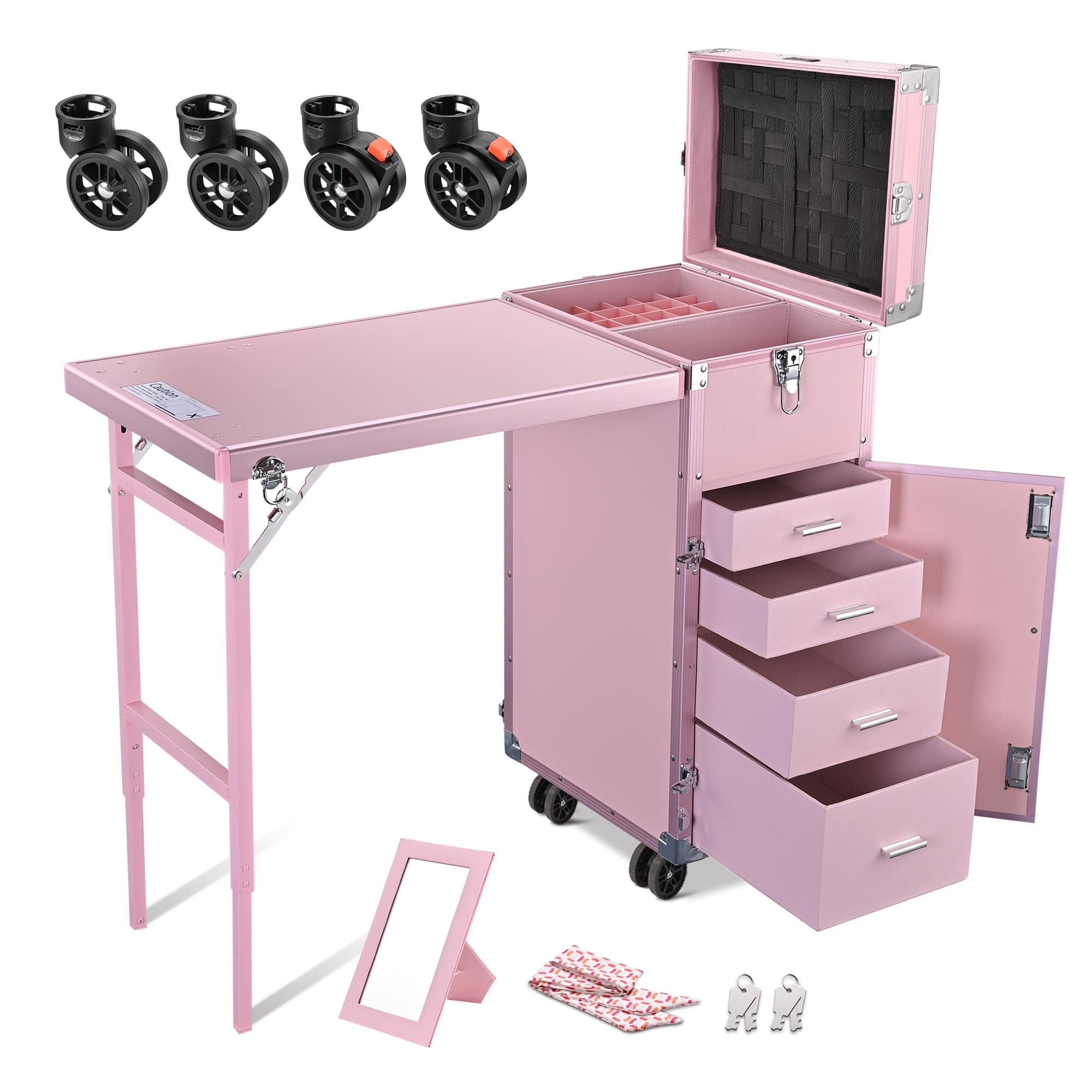 Yescom 12MKCSET-273536-7-LO Byootique Rolling Cosmetic Case Nail Table with 4 pcs Replacement Wheels Pink