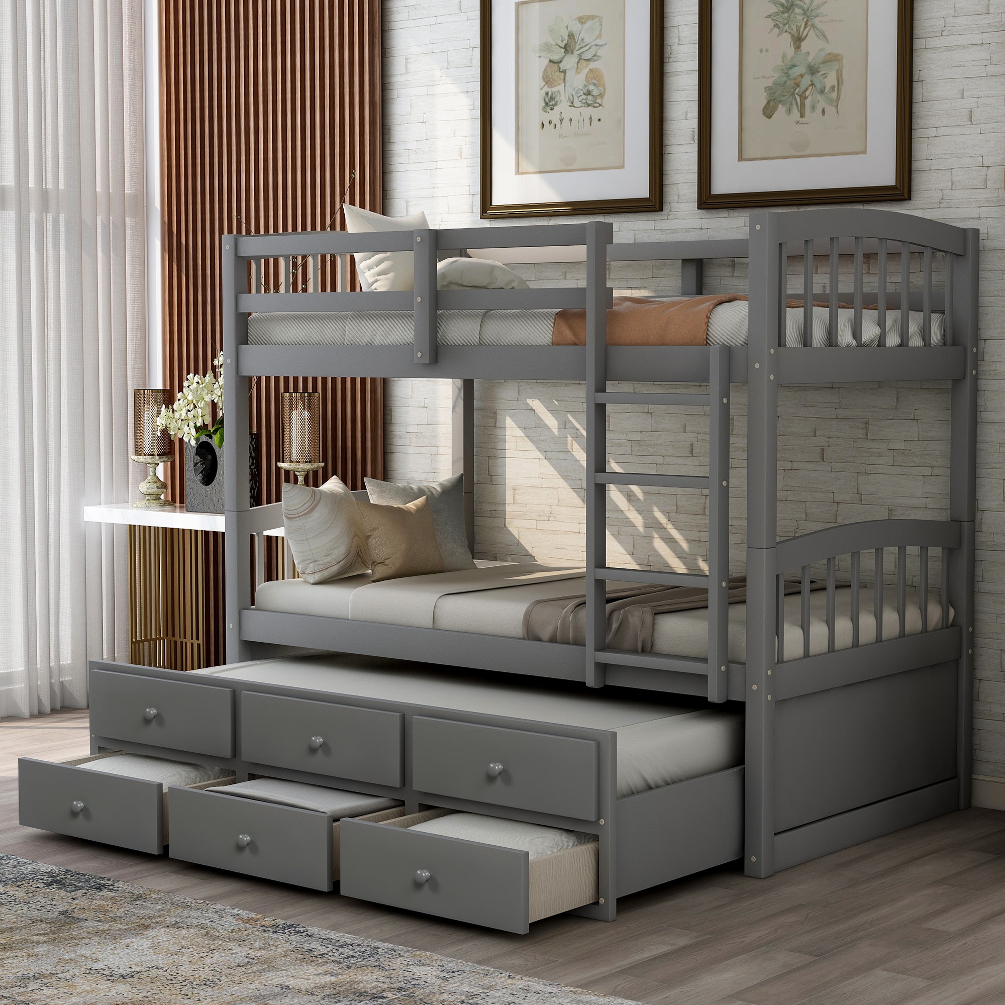 Qualler  Gray Twin over Twin Bunk Bed with Twin Size Trundle and 3-Drawers