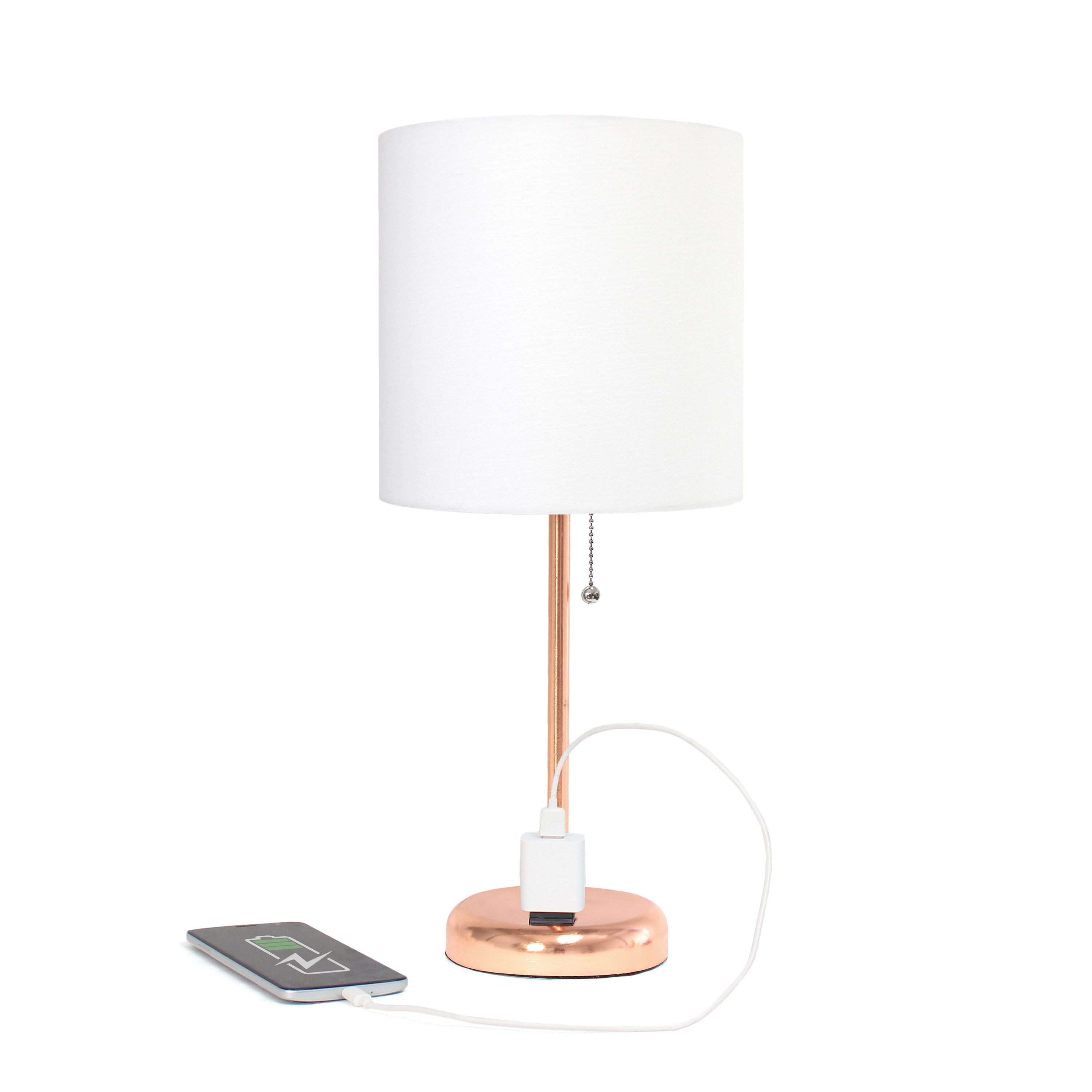 Rose Gold Metal Table Lamp with White Drum Shade
