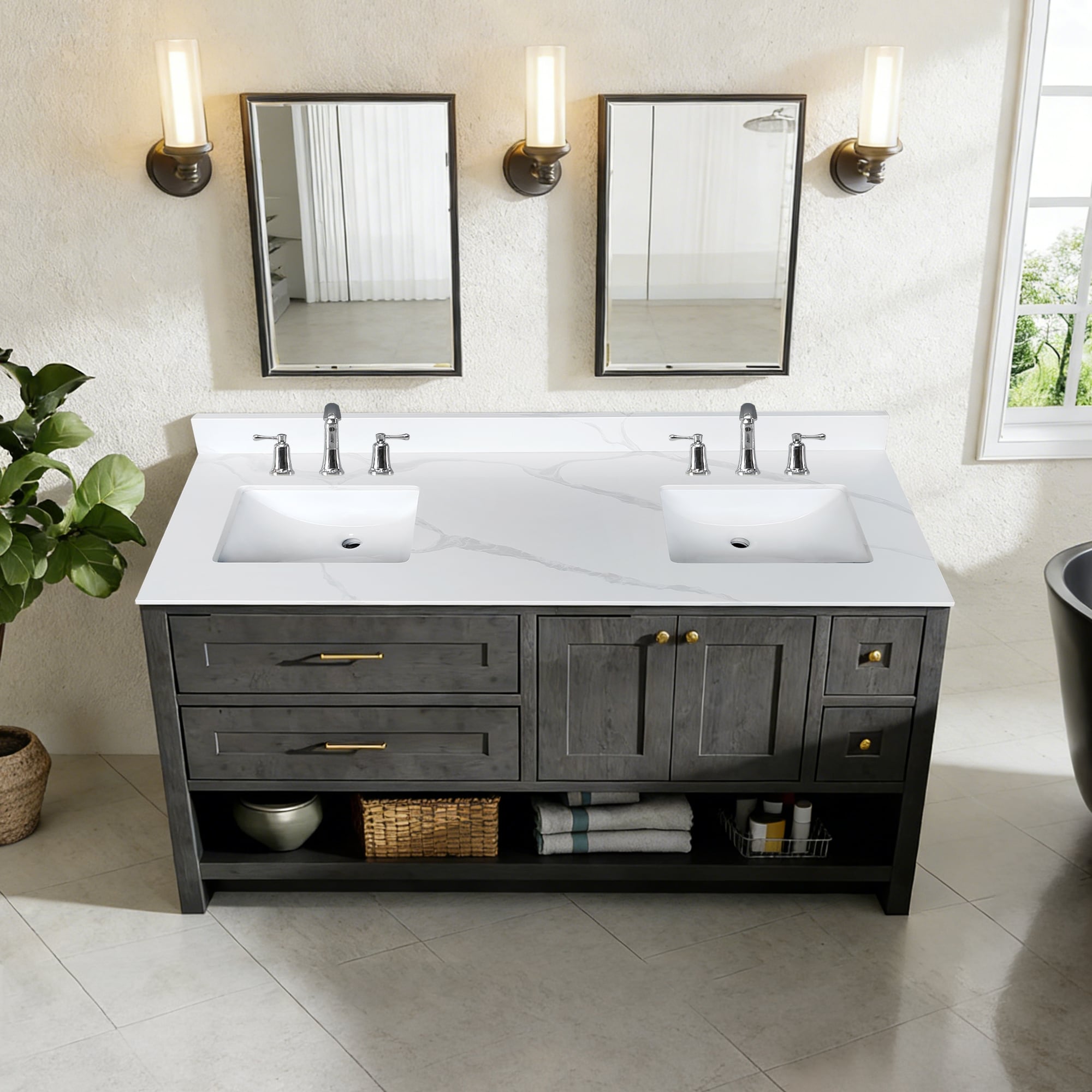 JUSHUA 61-inch Quartz Double Bathroom Vanity Top 3/4 Inch Thick 2 Undermount Single Center Sinks 4 Inch High Backsplash Pre-Drilled Faucet Holes Stain Heat Resistant Carrara White Quartz with Veins
