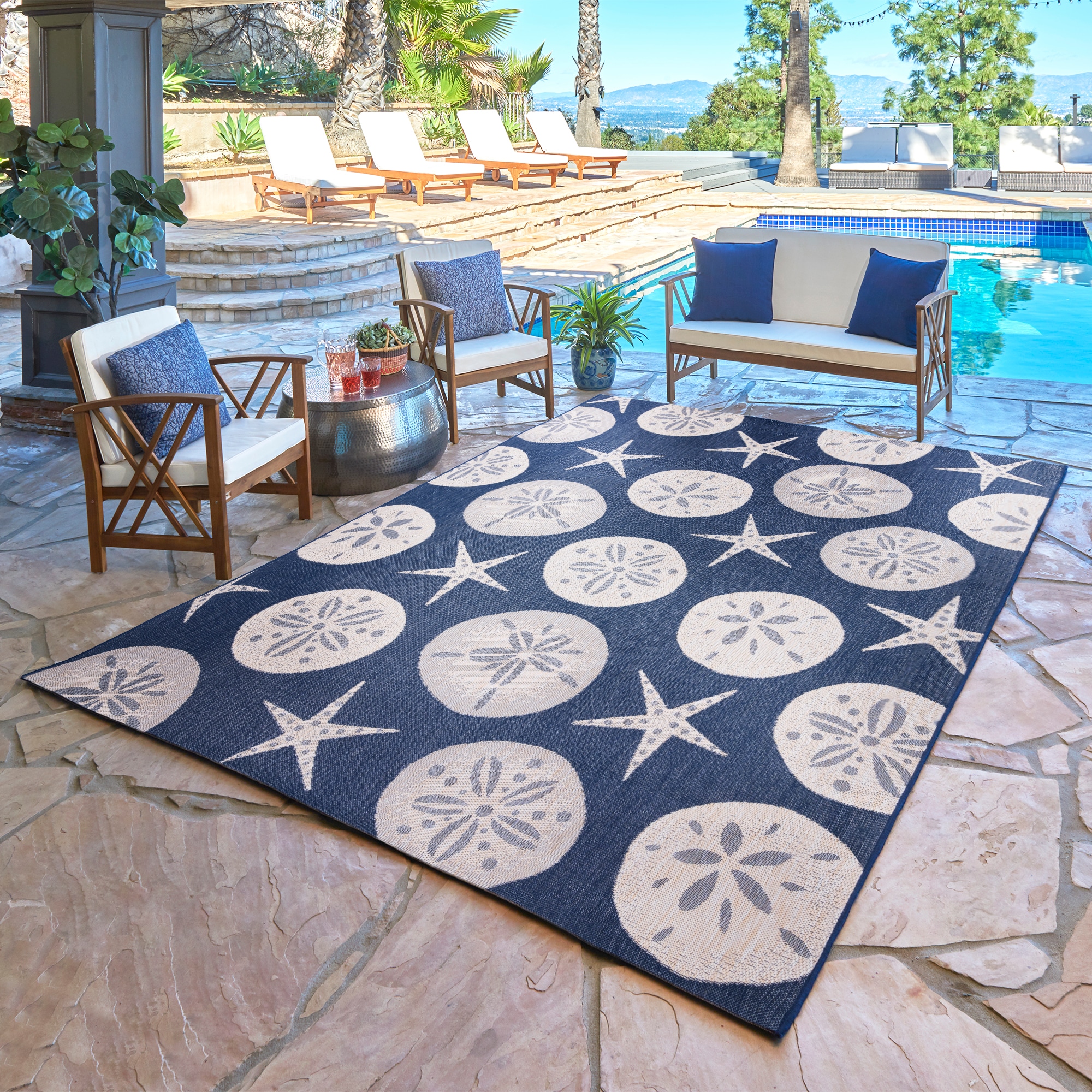 GERTMENIAN 19521 Paseo Starfish 6 x 10 (ft) Polypropylene Navy Rectangular Indoor/Outdoor Abstract Coastal Area rug