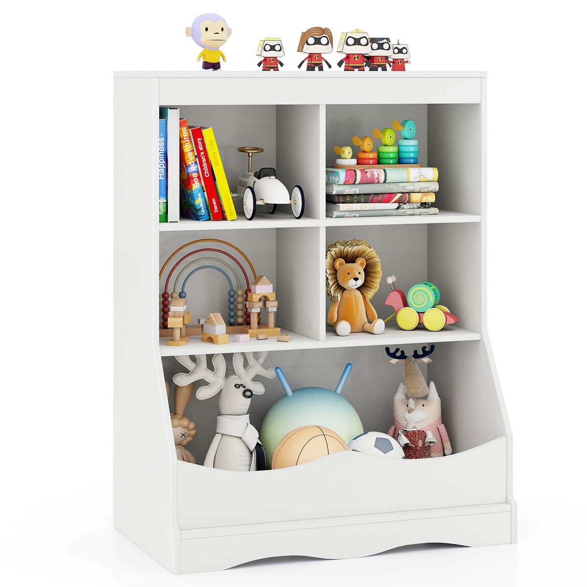 Costway HW64061WH 34.5inches Kids Bookshelf with Anti-Tipping Kits Multi-functional Display Rack White