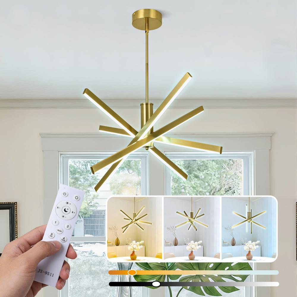 Henveton Kinlea Gold Modern Linear Chandelier 4-Light Integrated LED in Sputnik Industrial Cylinder for Dining Room