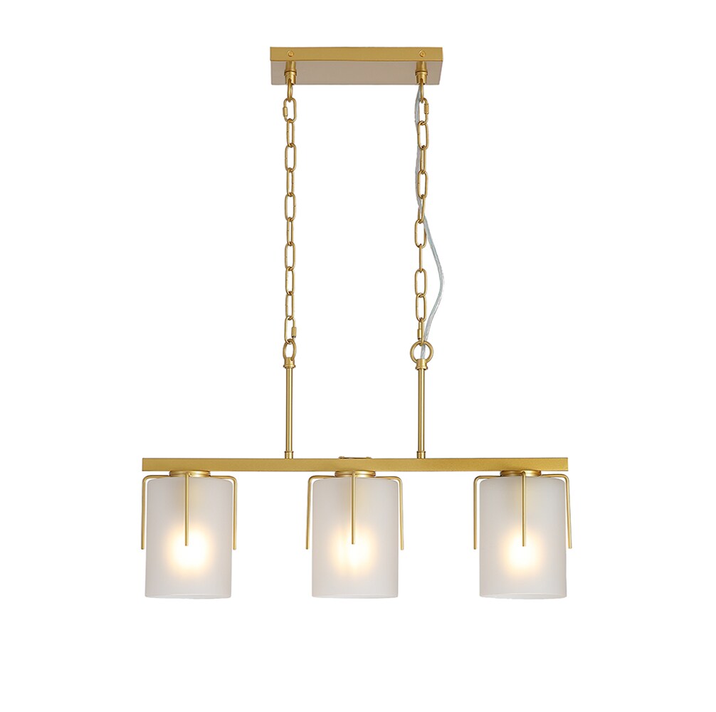 Modern Gold 3-Light Linear Chandelier Adjustable Height Pendant Light with Milky White Frosted Glass Shades Industrial Kitchen Island Lighting for Dining Room