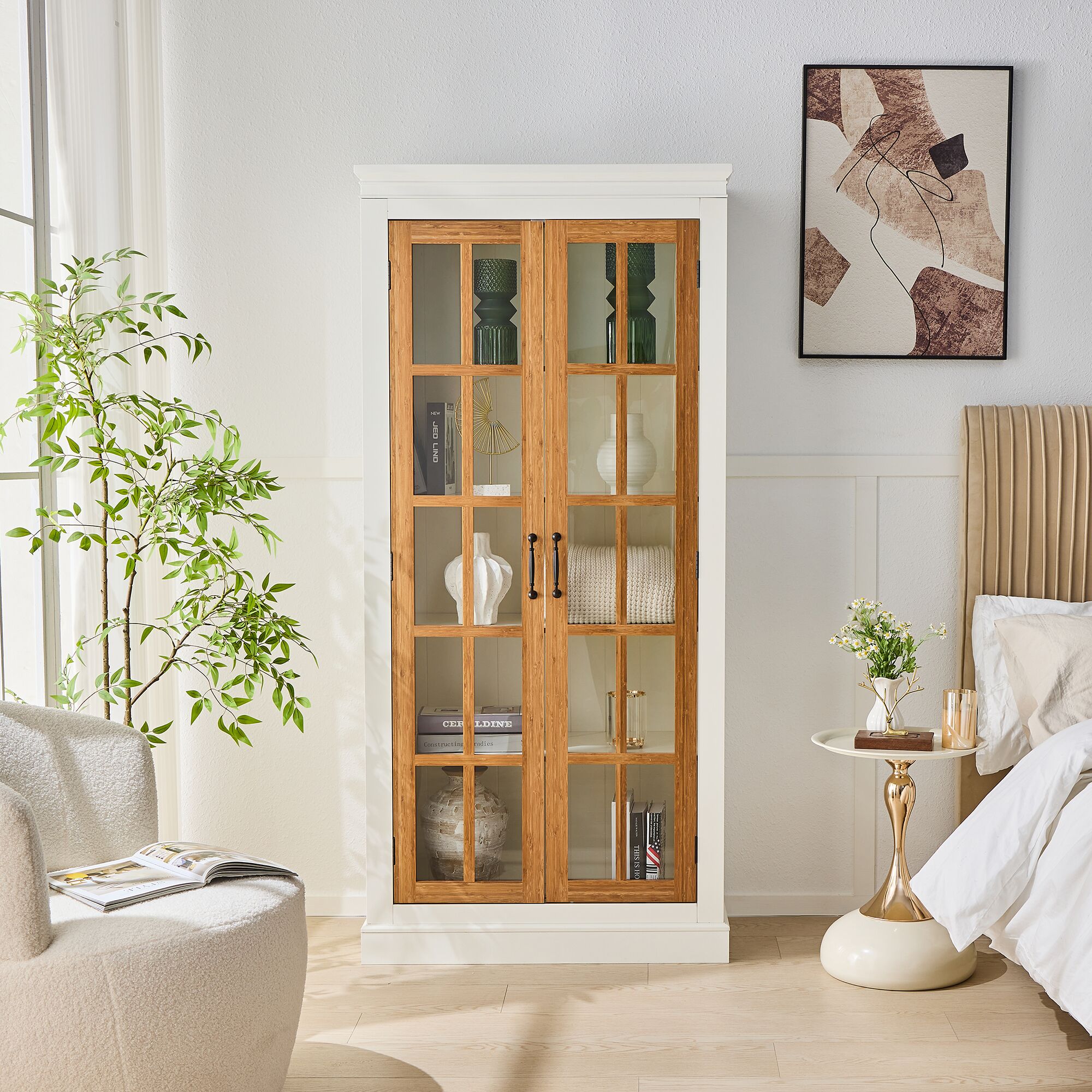 LUXEYARD 71.2 inch Freestanding Pantry Cabinet with Glass Door Farmhouse Display Cabinets with Adjustable Shelevs White and Brown