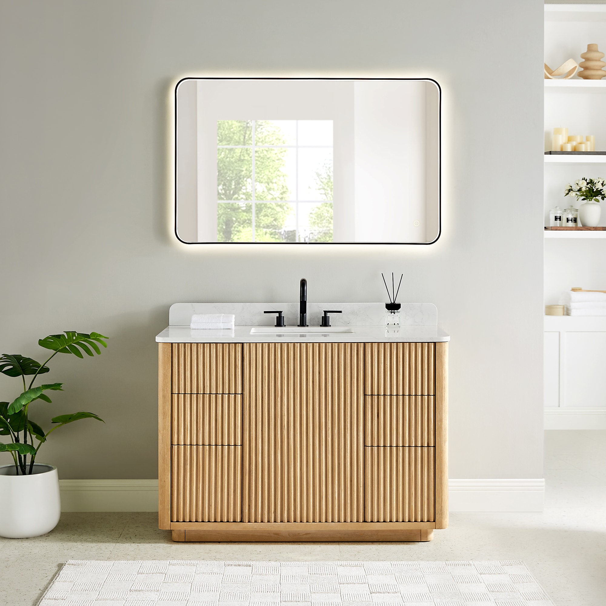 Altair 580048-WL-GW Clayton 48-in Washed Light Brown Undermount Single Sink Bathroom Vanity with Grain White Engineered Stone Top (Mirror Included)