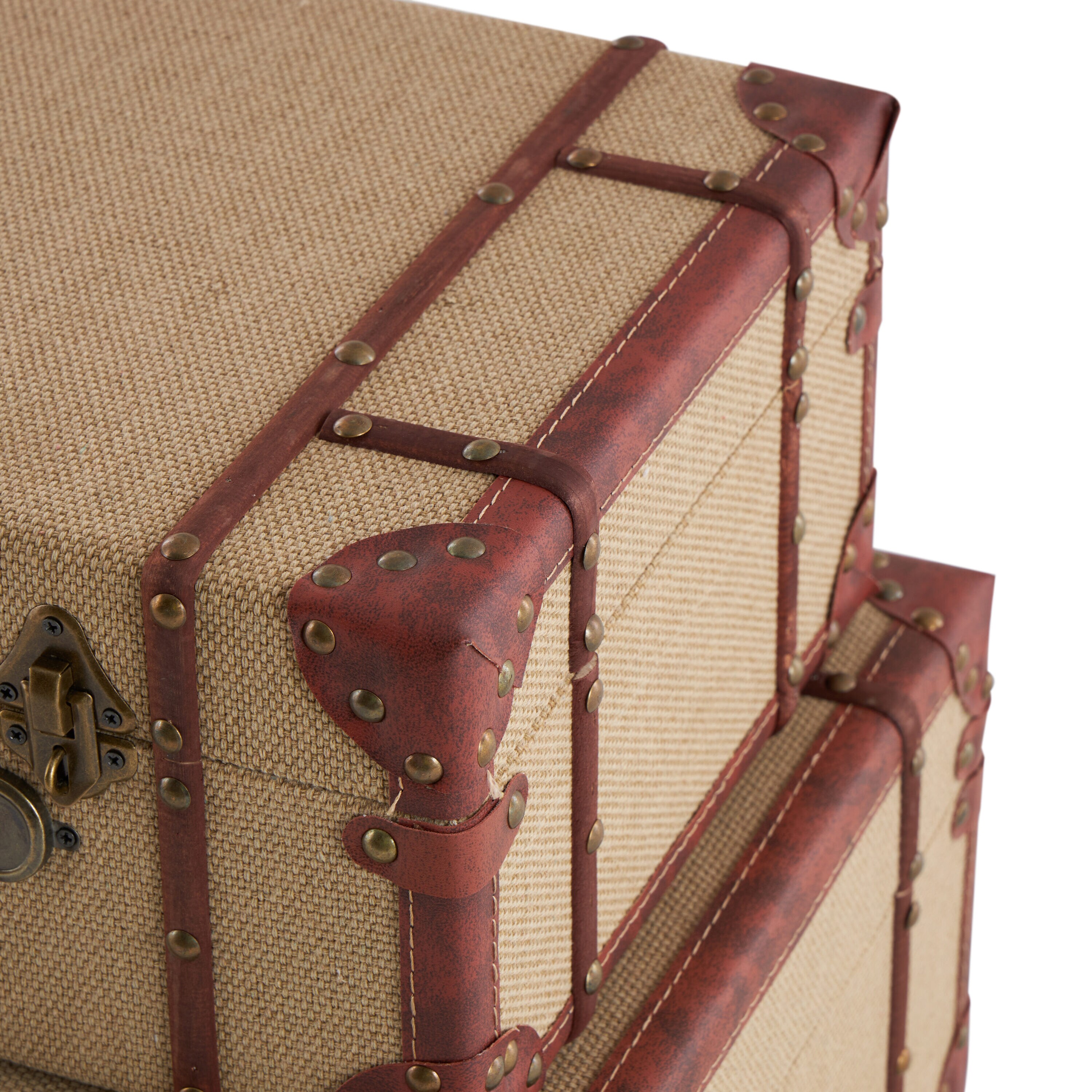 Beige Burlap and Leather Vintage Trunk Set, 2 Pieces