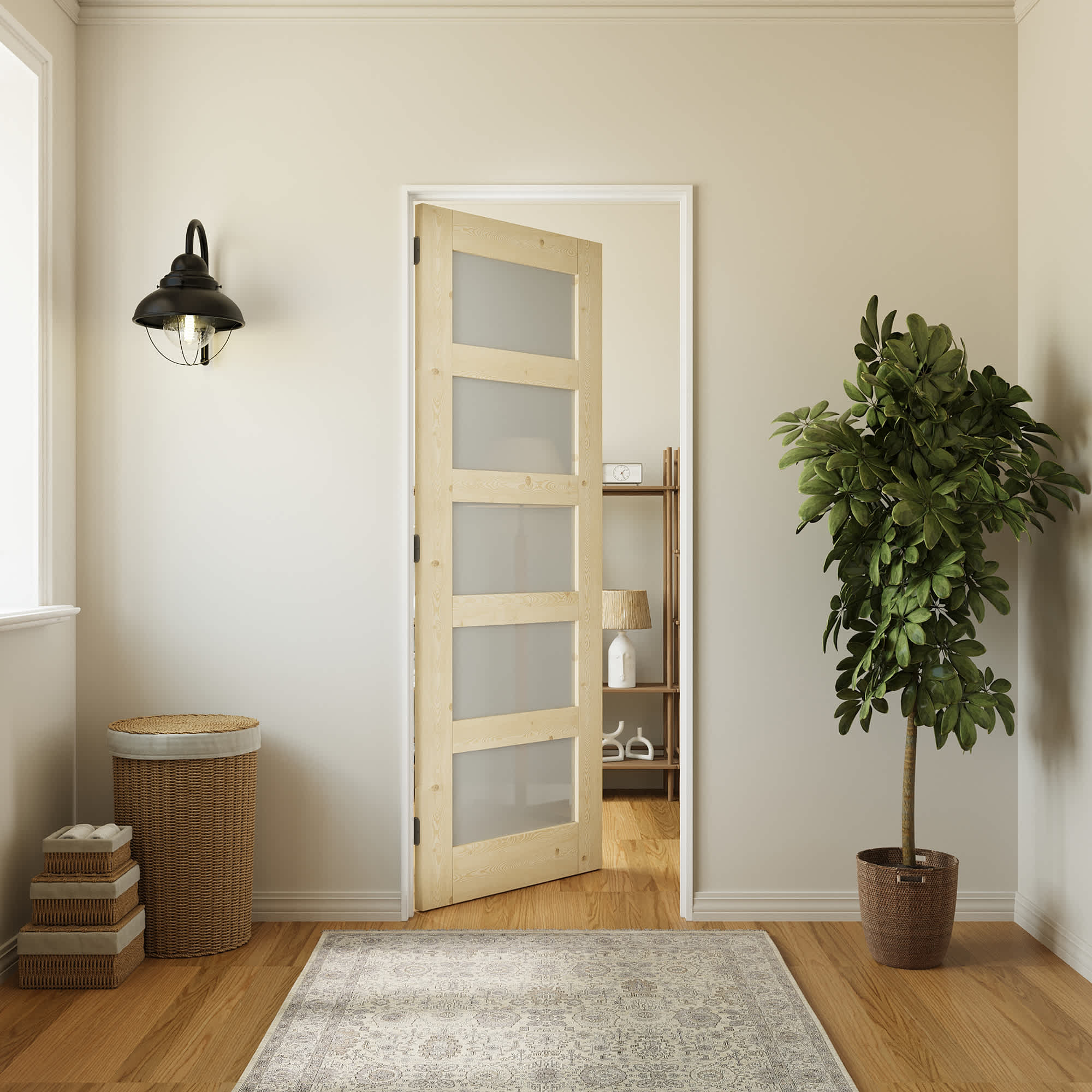 Ark Design 5-Lite Solid Core Tempered Frosted Glass and unfinished Pine Wood Interior Door Slab 28-in x 80-in
