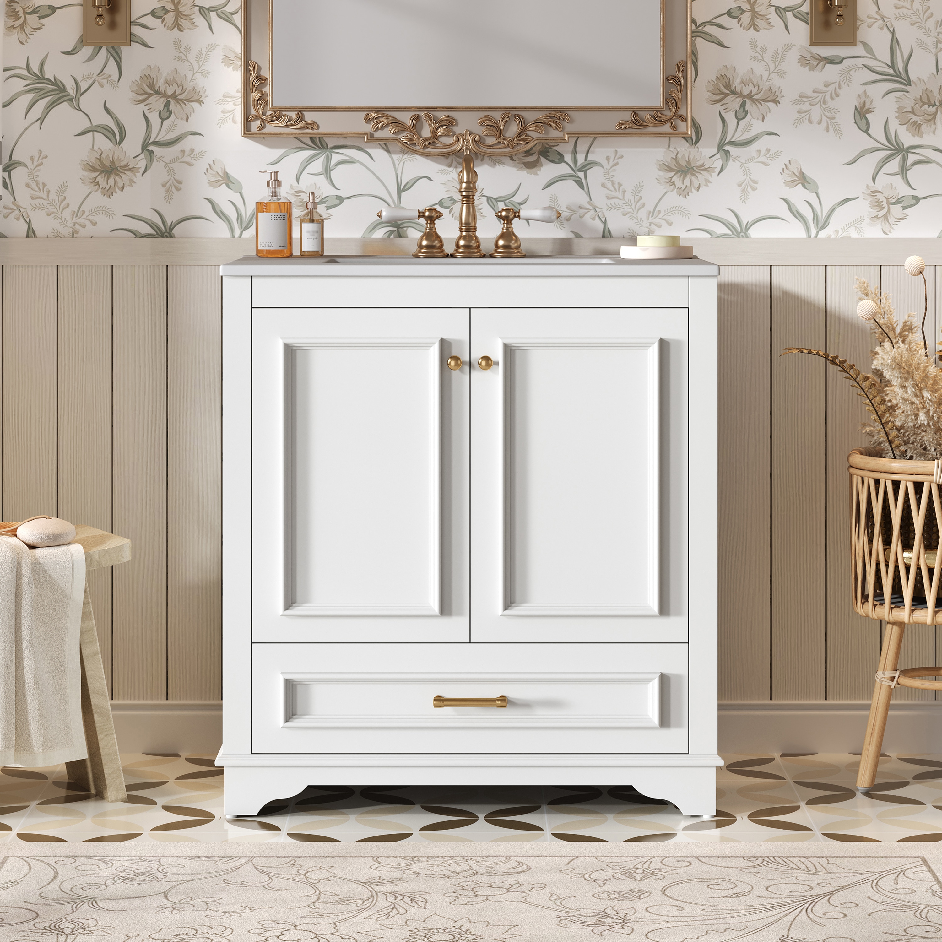 BEARSOLIM 30-in Bathroom Vanity with Ceramic Sink 1 Drawer 2 Doors Soft Closing Solid Wood Frame Bathroom Storage Cabinet