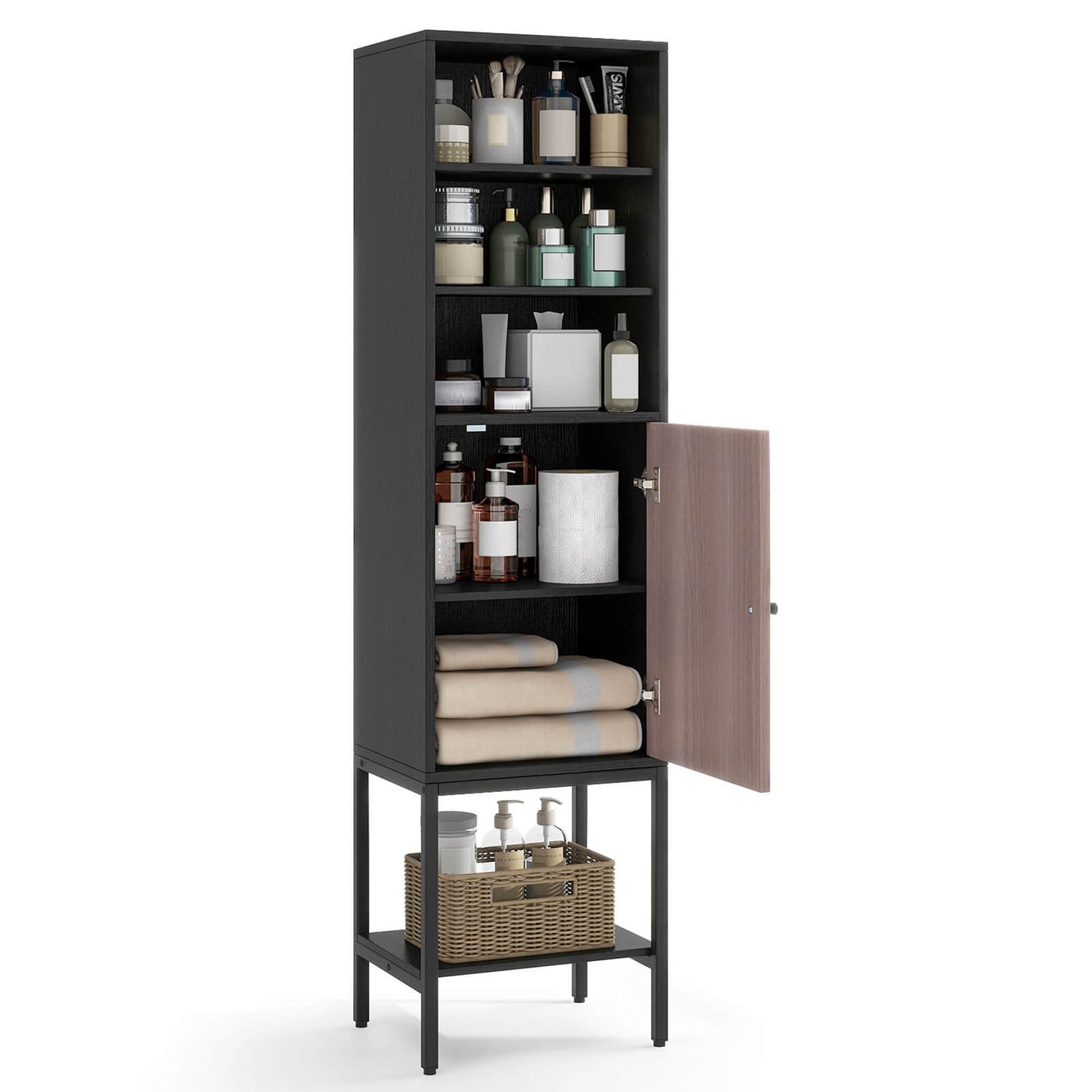 Costway  57 inches Bathroom Tall Cabinet with 1 Door and 4 Shelves Freestanding Floor Cabinet Black