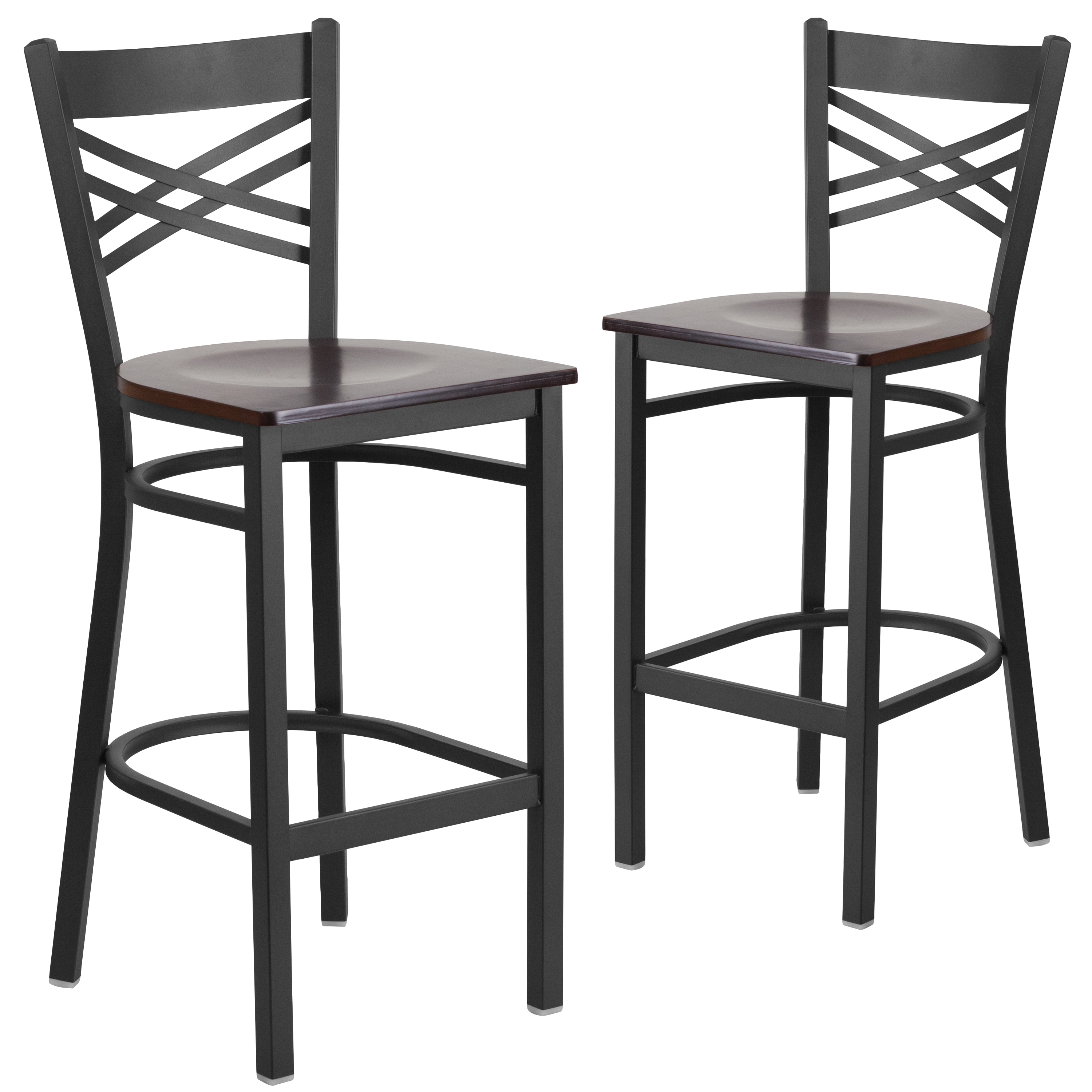 Emma + Oliver - 2 Pack Black X Back Metal Restaurant Barstool - Walnut Wood Seat