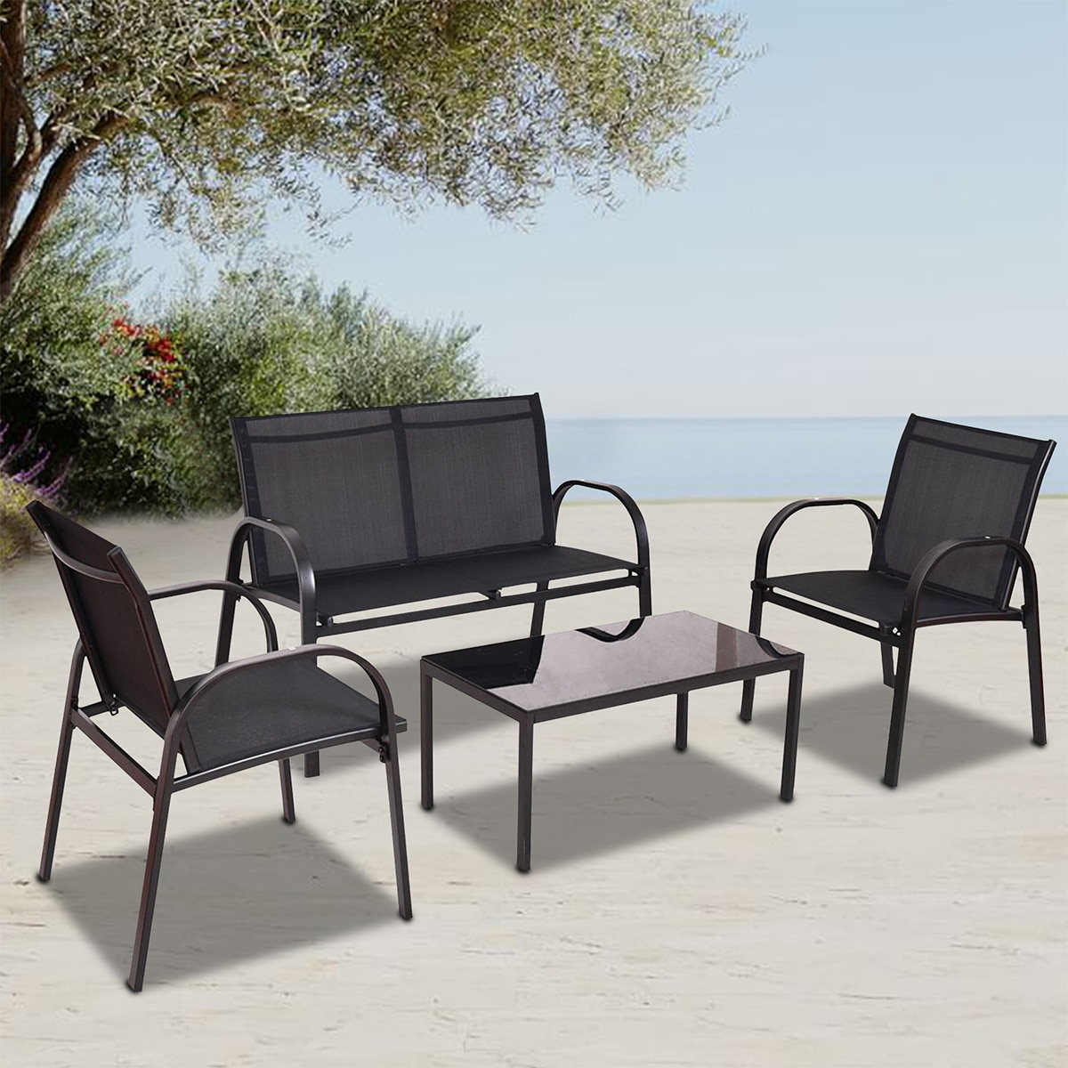 WELLFOR Steel Black 4-Piece Patio Conversation Furniture Set - Stylish ...