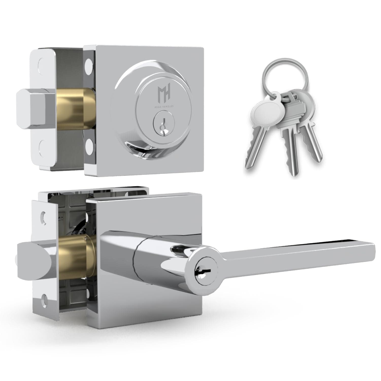 Mega Handles  Prime Entrance Combo Entry Lever Door Handle and Single Cylinder Deadbolt Lock and Key Combo Heavy Duty Square Locking Door Levers Set for Left or Right-Handed Doors - Polished Chrome
