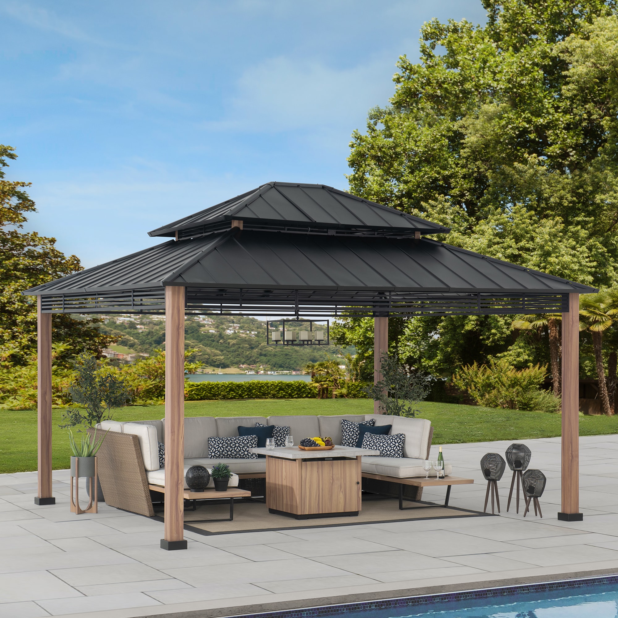 Sunjoy 13-ft x 15-ft Black Metal Rectangle Gazebo with Steel Roof in ...