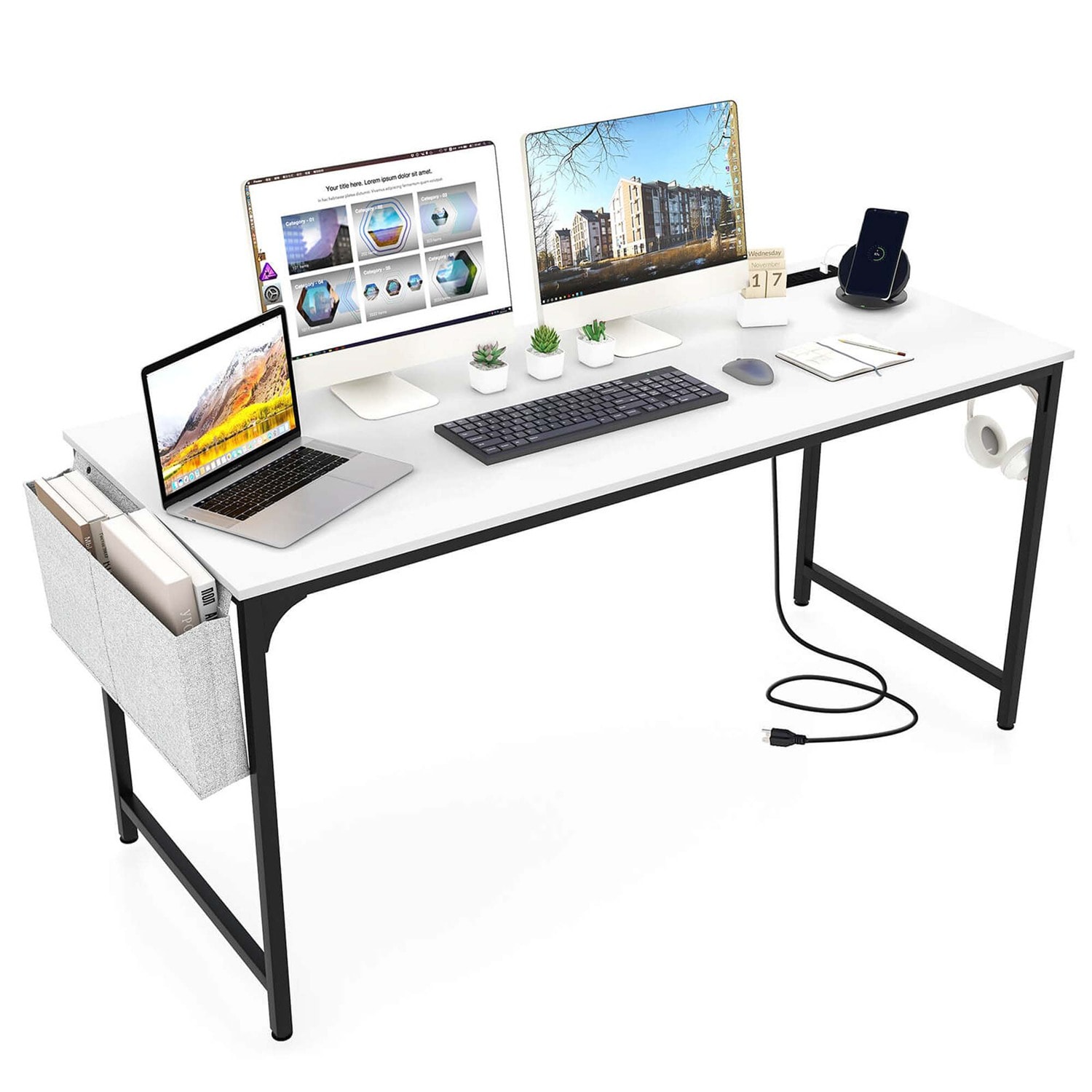 Costway HCST02056 60 inches Modern Computer Desk with Charging Station with Storage Bag and Headphone Hook White