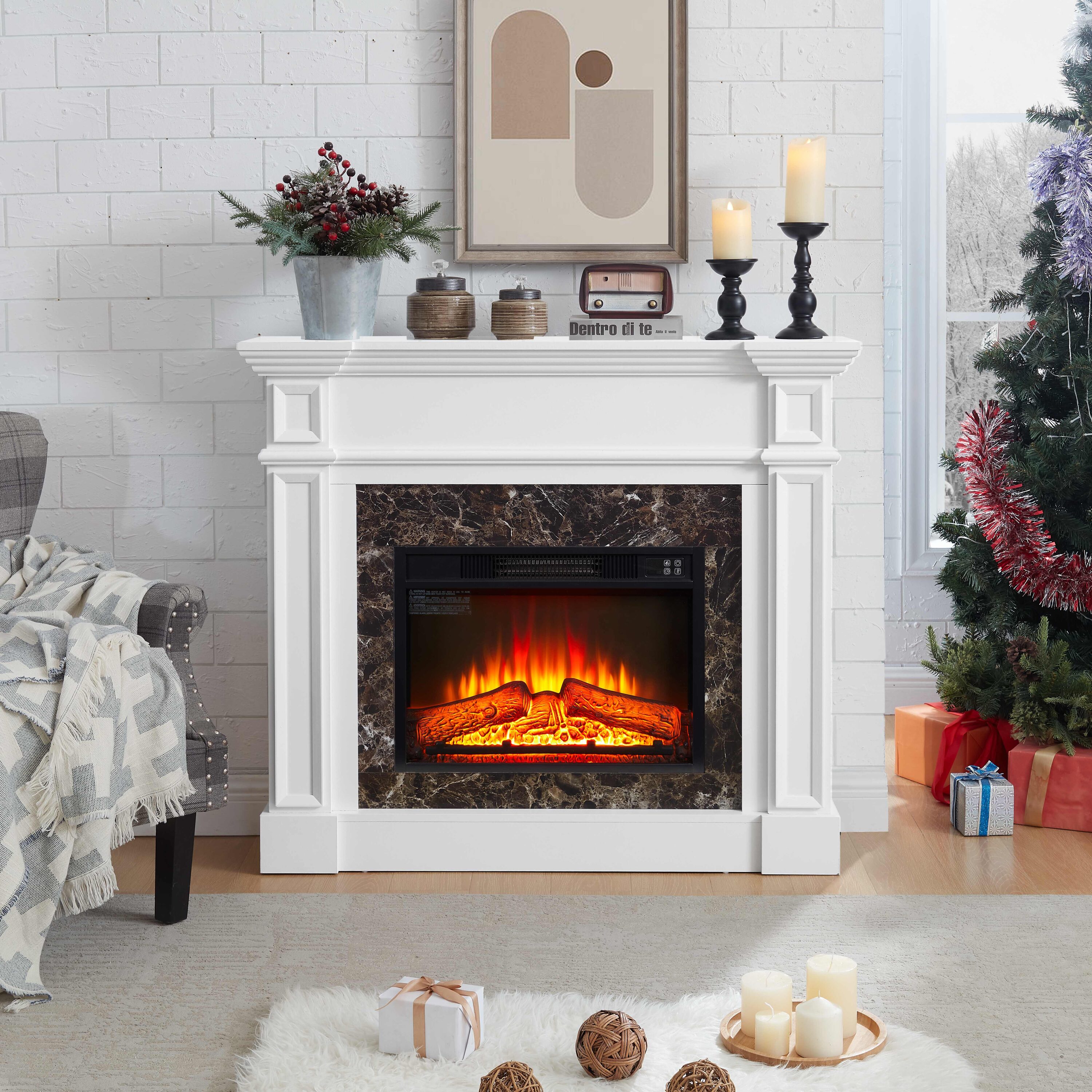 LOVMOR SF-L-W1758S00033 46 inch Electric Fireplace with Mantel and Remote Control Timer LED Flame in White