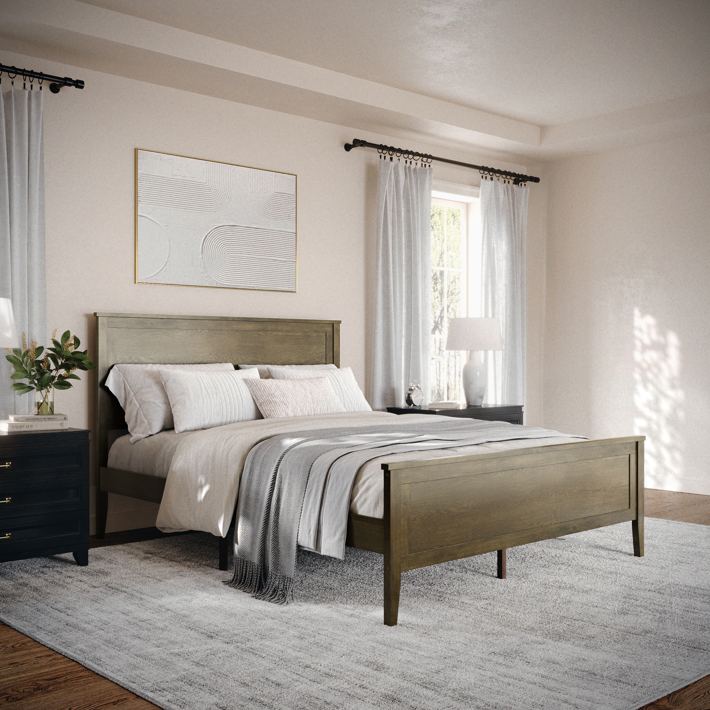 Martha Stewart 196861090639 Corbin Queen Size Solid Wood Platform Bed with Wooden Headboard and Footboard; No Box Spring Needed; Brown Gray