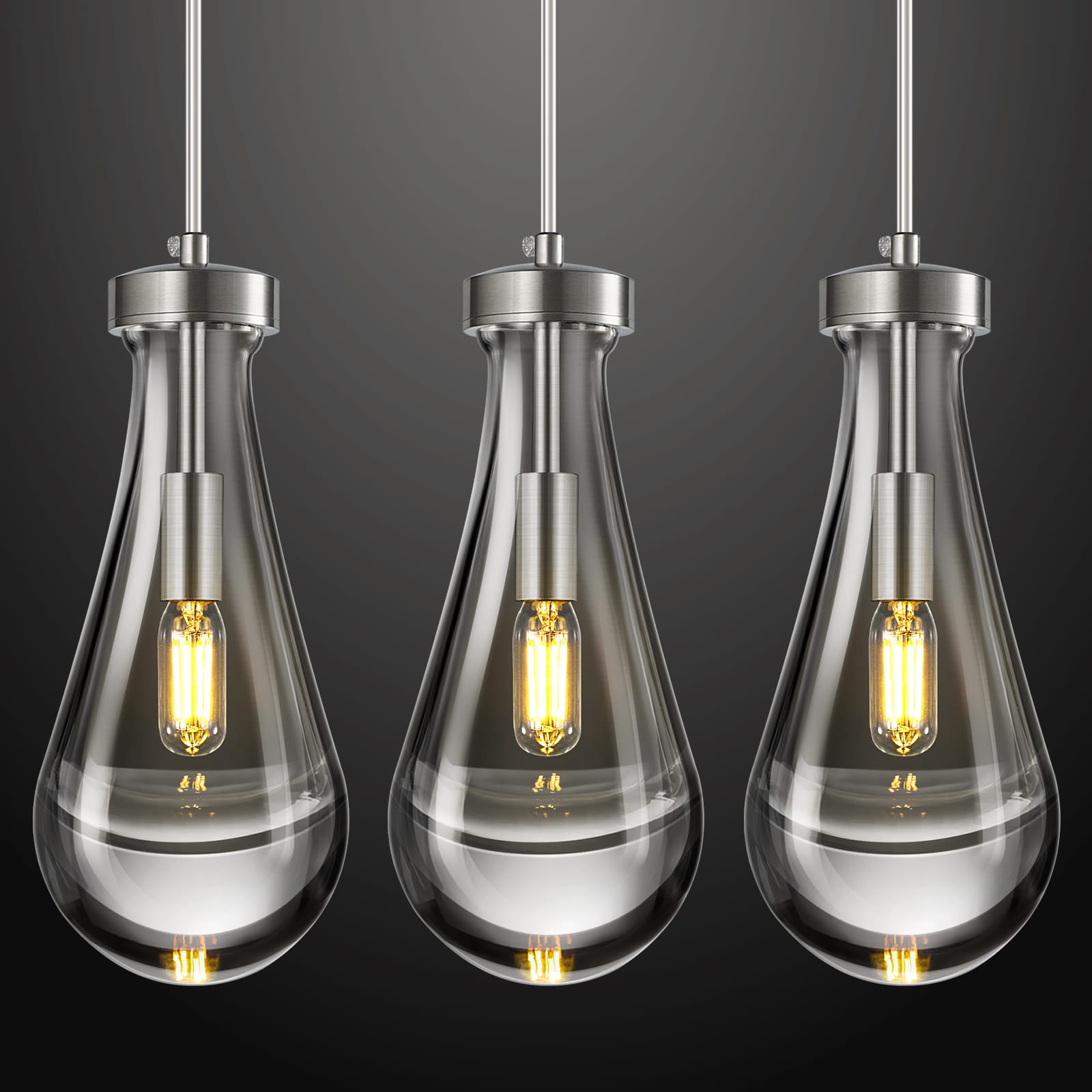 ZHLLMQ Modern 1-Light 3 Pack Single Drop Brushed Nickel Finish Clear Solid Glass Teardrop Non-Integrated LED 4.92 Inch Dining Room Porch Hardwired Pendant Light