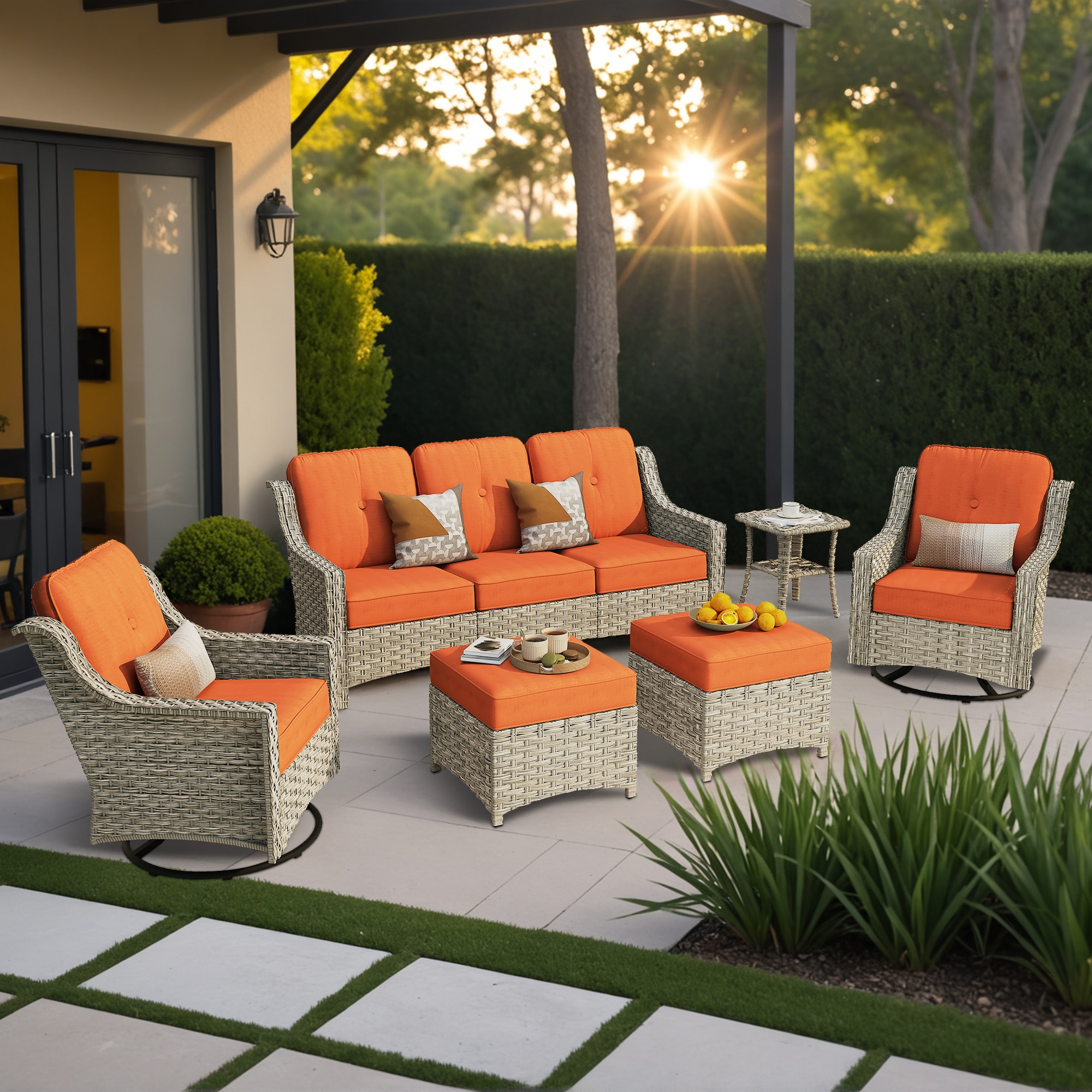 weaxty HMBYZPAD806 Aireno 6 -Piece Rattan Patio Sofa Conversation Set with Orange Cushions
