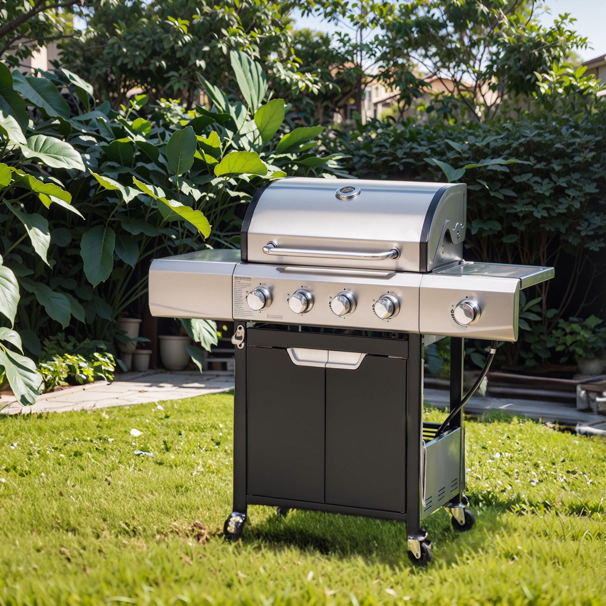 BABOOM BOM-8US-RE-CO Propane Grills Sliver 4 -Burner Liquid Propane Gas Grill 1 -Side Burner