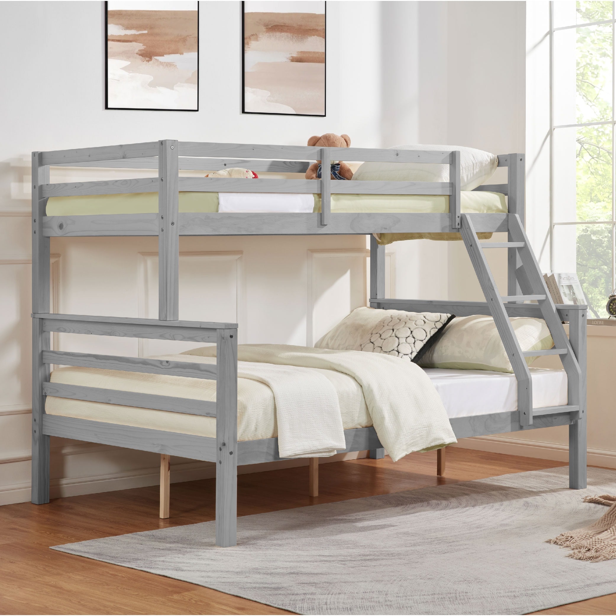 Tatayosi JJ-09020124 Twin over Full Bunk Bed with Thick Posts;Wooden Bunk Bed with High Guardrail and Ladder for Kids; Teens; Dorm Rooms; and Guest Rooms;No Box Spring Needed;Grey