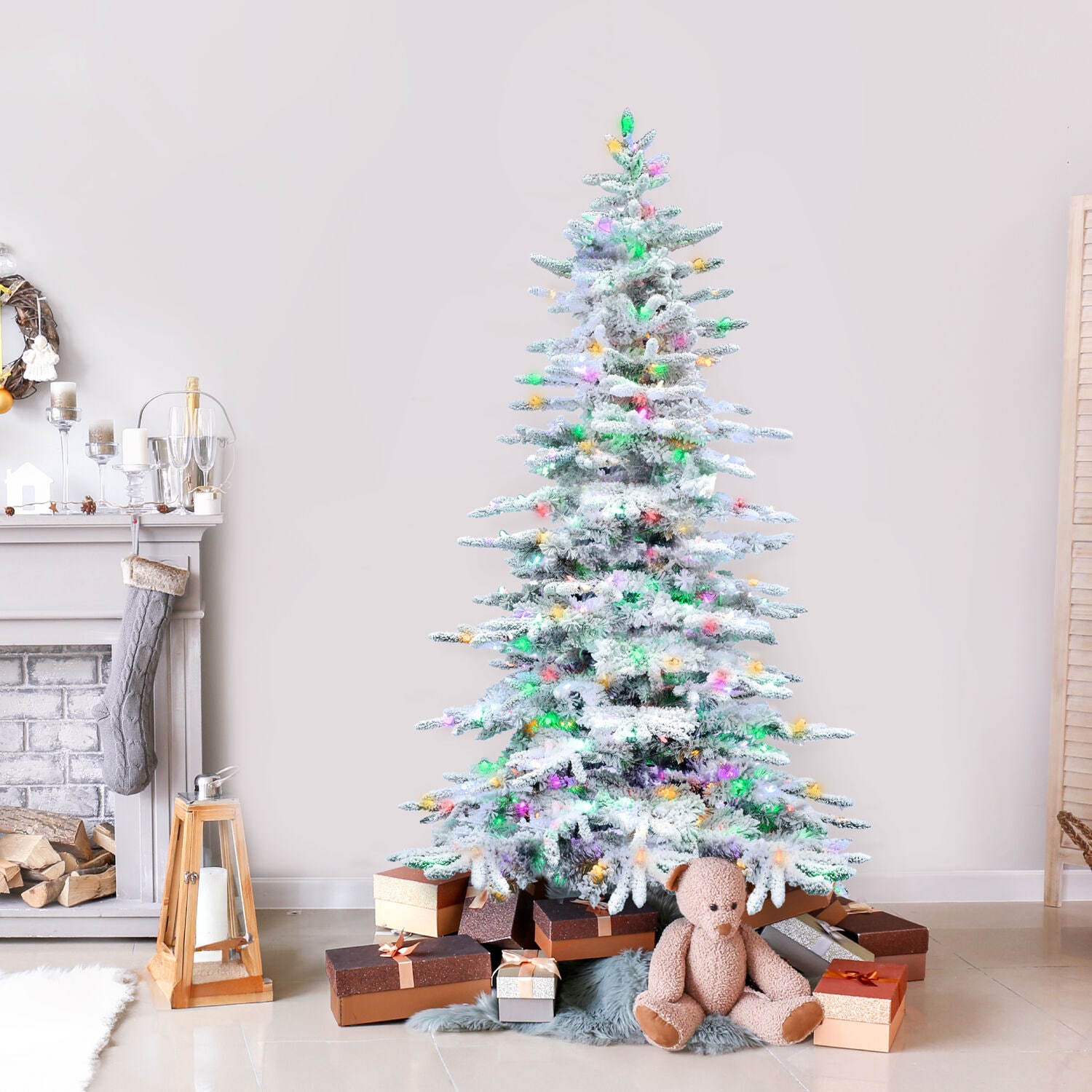 7.5-Ft Flocked Pine Artificial Christmas Tree with Multicolor LED Lights