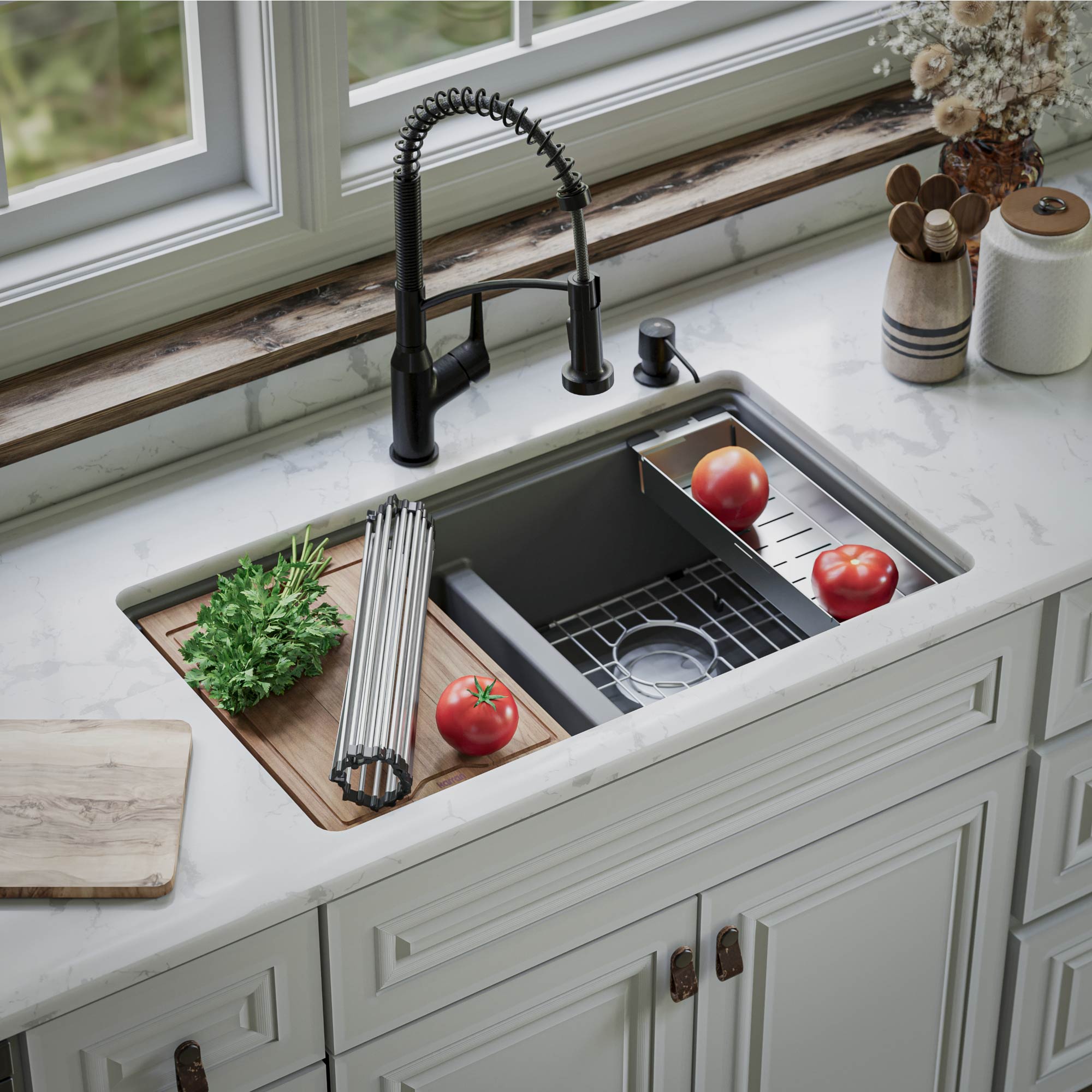 Karran QUWS-880-GR Undermount 32.5-in x 19.25-in Quartz Double equal bowl 1-Hole Workstation Kitchen Sink with Drainboard