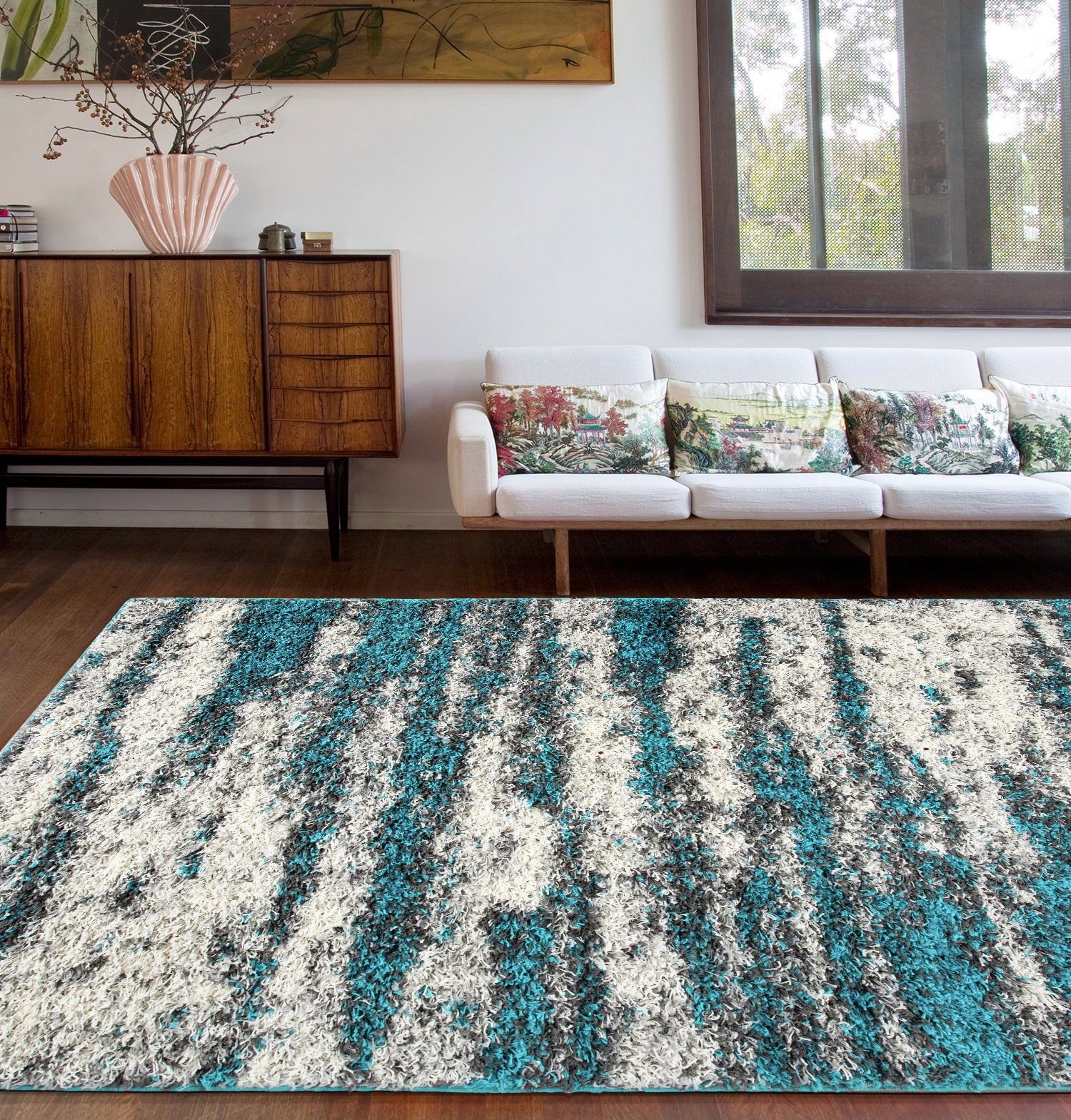 Turquoise Shag Abstract 5' x 7' Easy-Care Synthetic Area Rug