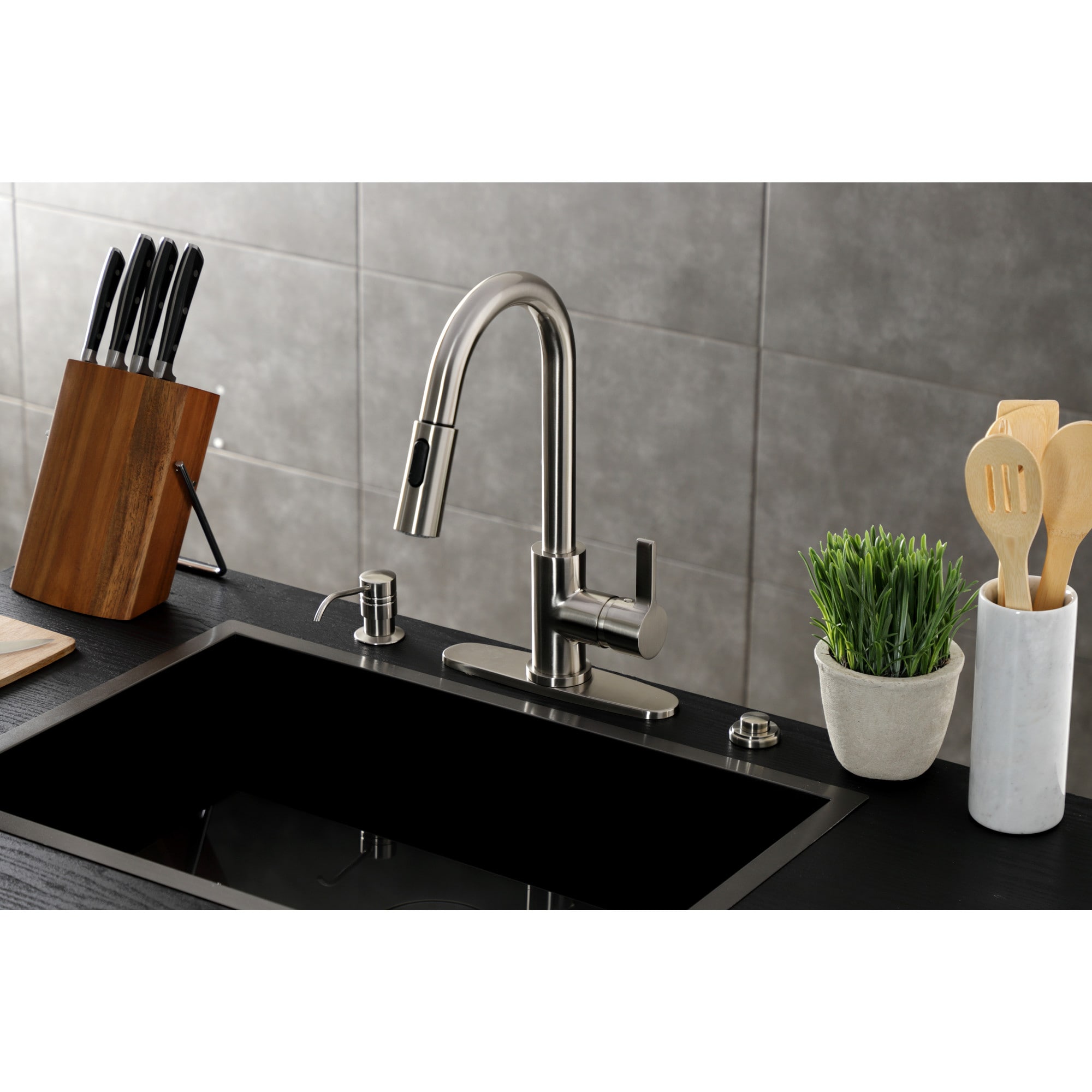 Kingston Brass WLLS8788CTL Continental Brushed Nickel Single Handle Deck-mount Handle Residential Pull-down Kitchen Faucet with Sprayer ( Deck Plate Included )