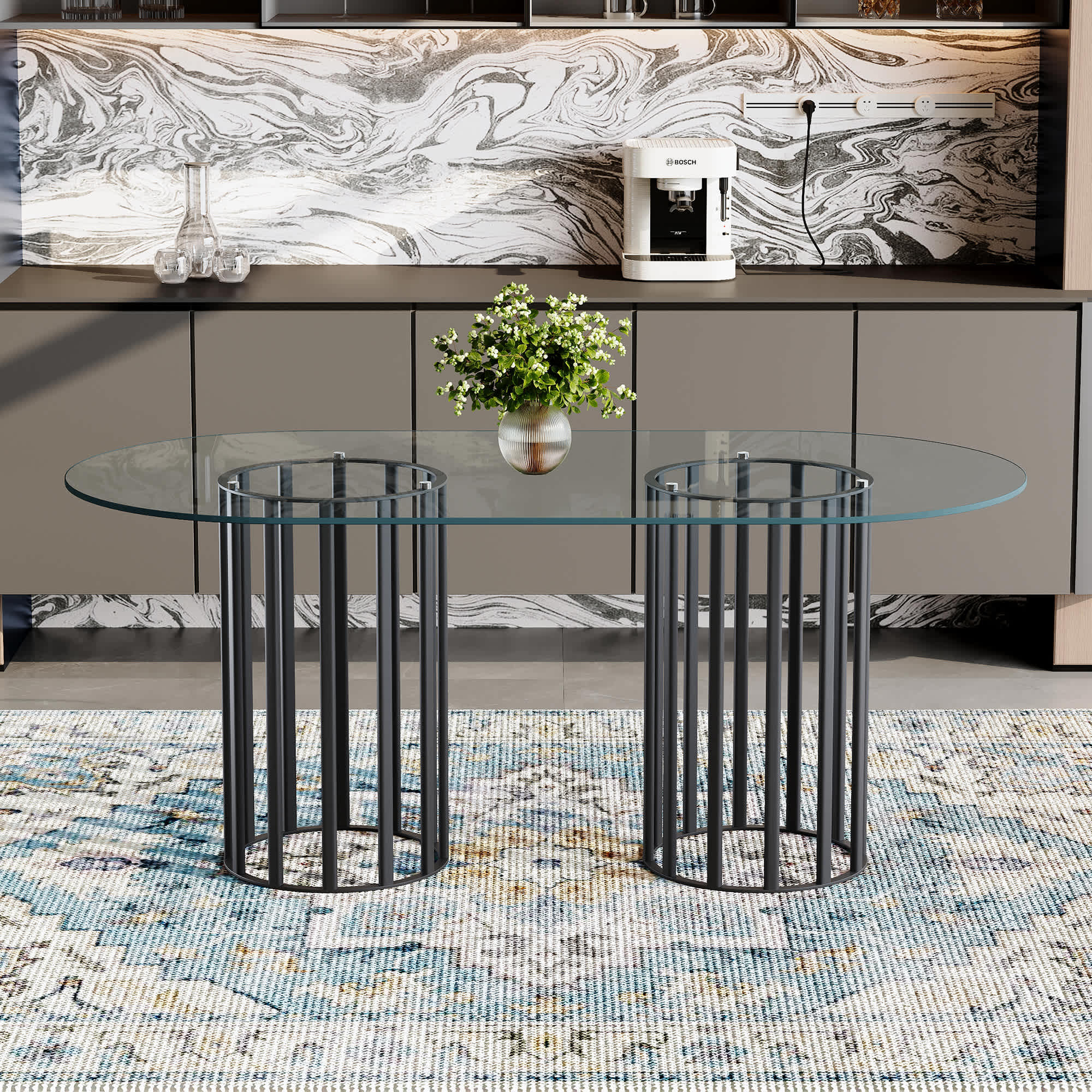 Vynxaria  71 Inch Oval Tempered Glass Dining Table Gold Double Column Base Modern Luxury Style for 6 to 8 People Kitchen Restaurant Black