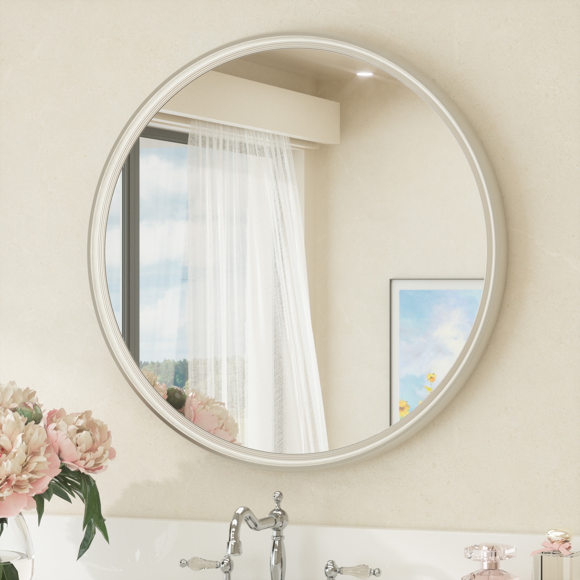 Keonjinn LW-YX18-R46NI Bathroom Mirrors 18-in W x 18-in H Round Brushed Nickel Beveled Wall Mirror