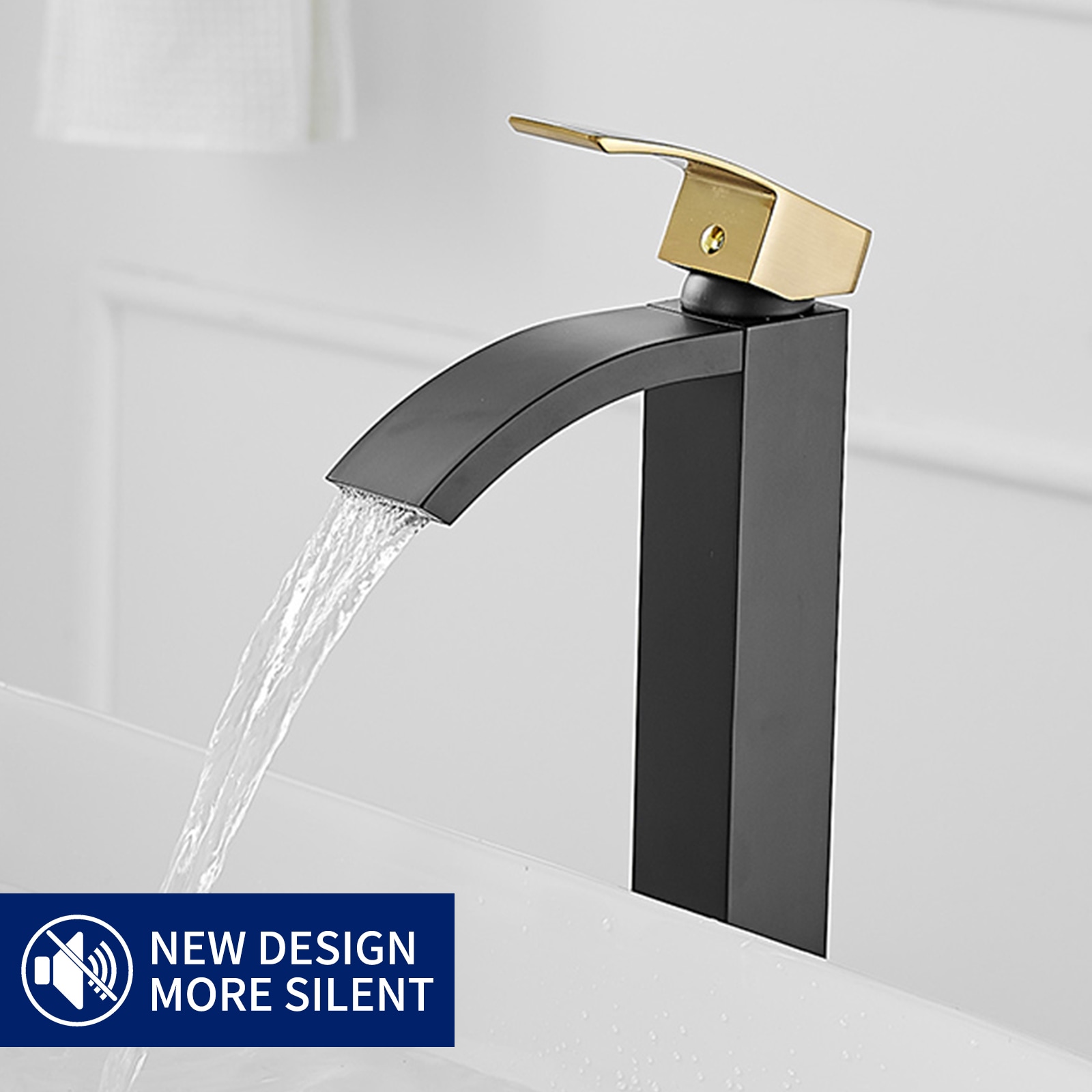 Gold and Black Waterfall Single Handle Vessel Sink Faucet